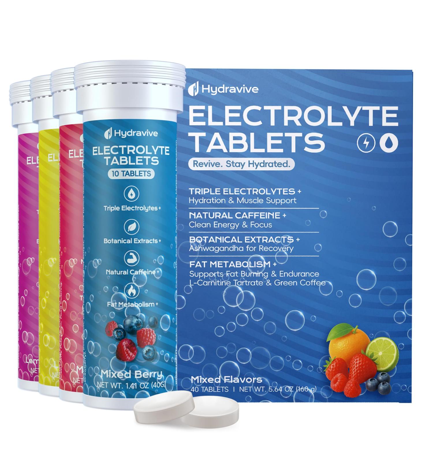 Hydravive Electrolyte Tablets Sugar Free, Hydration Electrolyte Tablets, Sodium, Potassium, Magnesium, Calcium, Green Tea, Green Coffee, Ashwagandha, Zero Sugar Hydration Drink Variety (40 Servings) - Buy Online on GoSupps.com