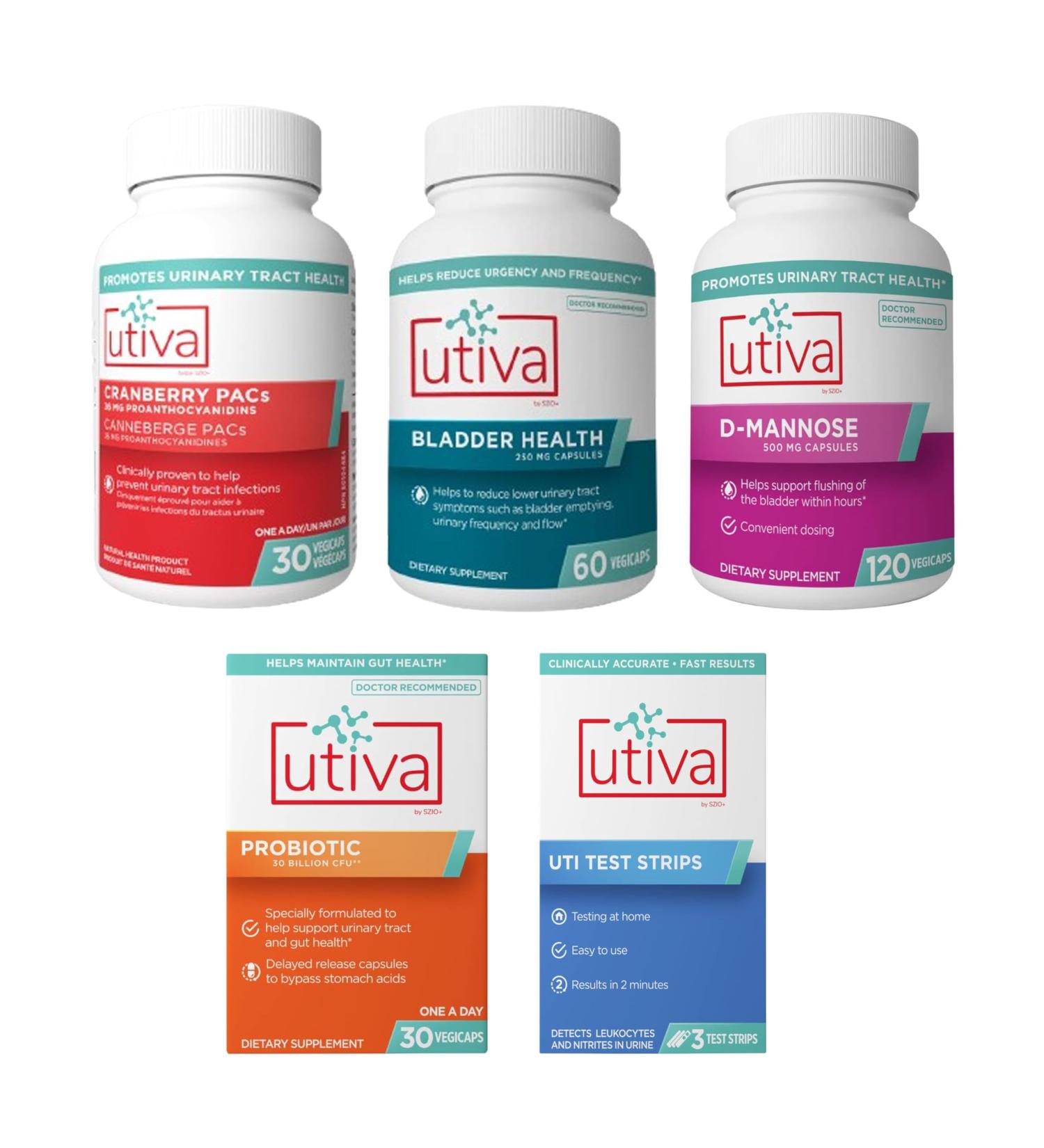 Szio+ 15% Bundle Utiva Cranberry PACs 30 Vegi Capsules + Bladder Health 60 Capsules + D-Mannose 500mg 120 Capsules + Probiotic 30 Delayed Release Vegi Capsules + Utiva UTI Test Strips - Buy Online on GoSupps.com