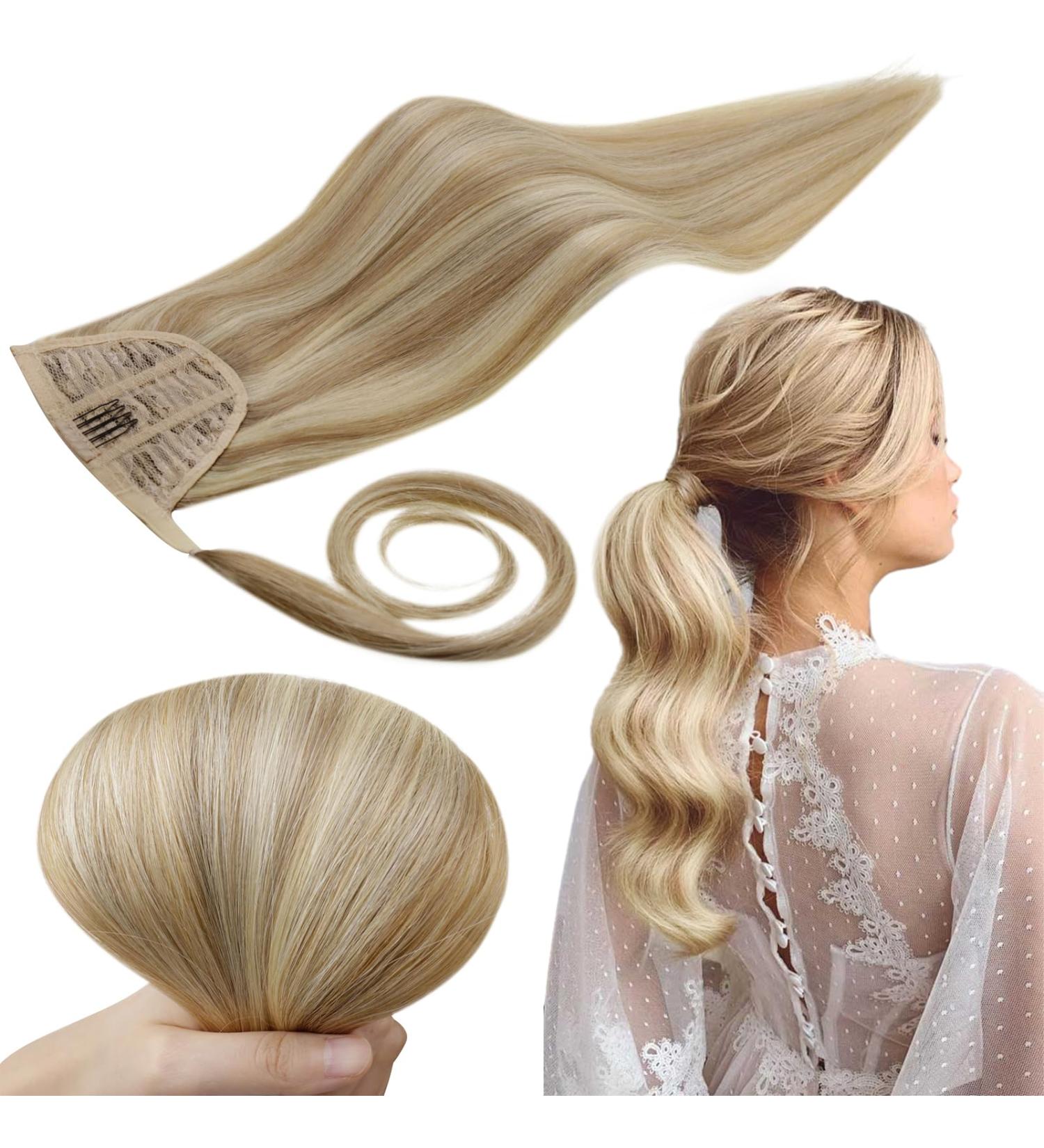 Runature 55cm Real Hair Ponytail Extensions - Ash Blonde & Blonde Highlights Straight Human Hair Braid 80g #16/22 - Buy Online on GoSupps.com