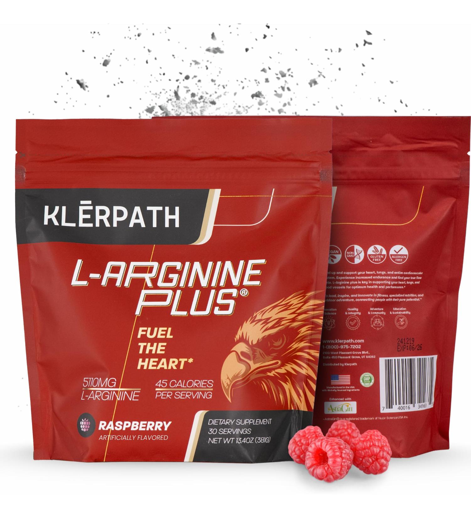 Klerpath L-Arginine Plus Powder with 5110 mg L-Arginine and 1010 mg L-Citrulline - Nitric Oxide Supplement for Blood Flow and Circulation - Raspberry 30 Servings - Buy Online on GoSupps.com