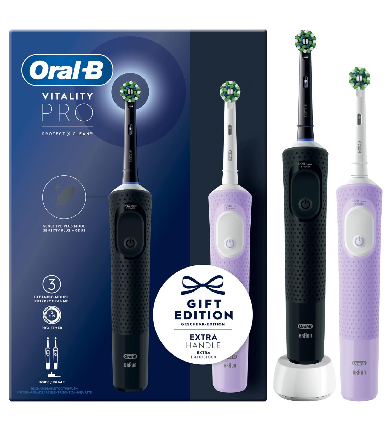 Oral-B Vitality Pro Electric Toothbrush Double Pack - 2 Plug-in Brushes 3 Cleaning Modes Perfect Gift for Men & Women - Available in Black/Purple - Buy Online on GoSupps.com
