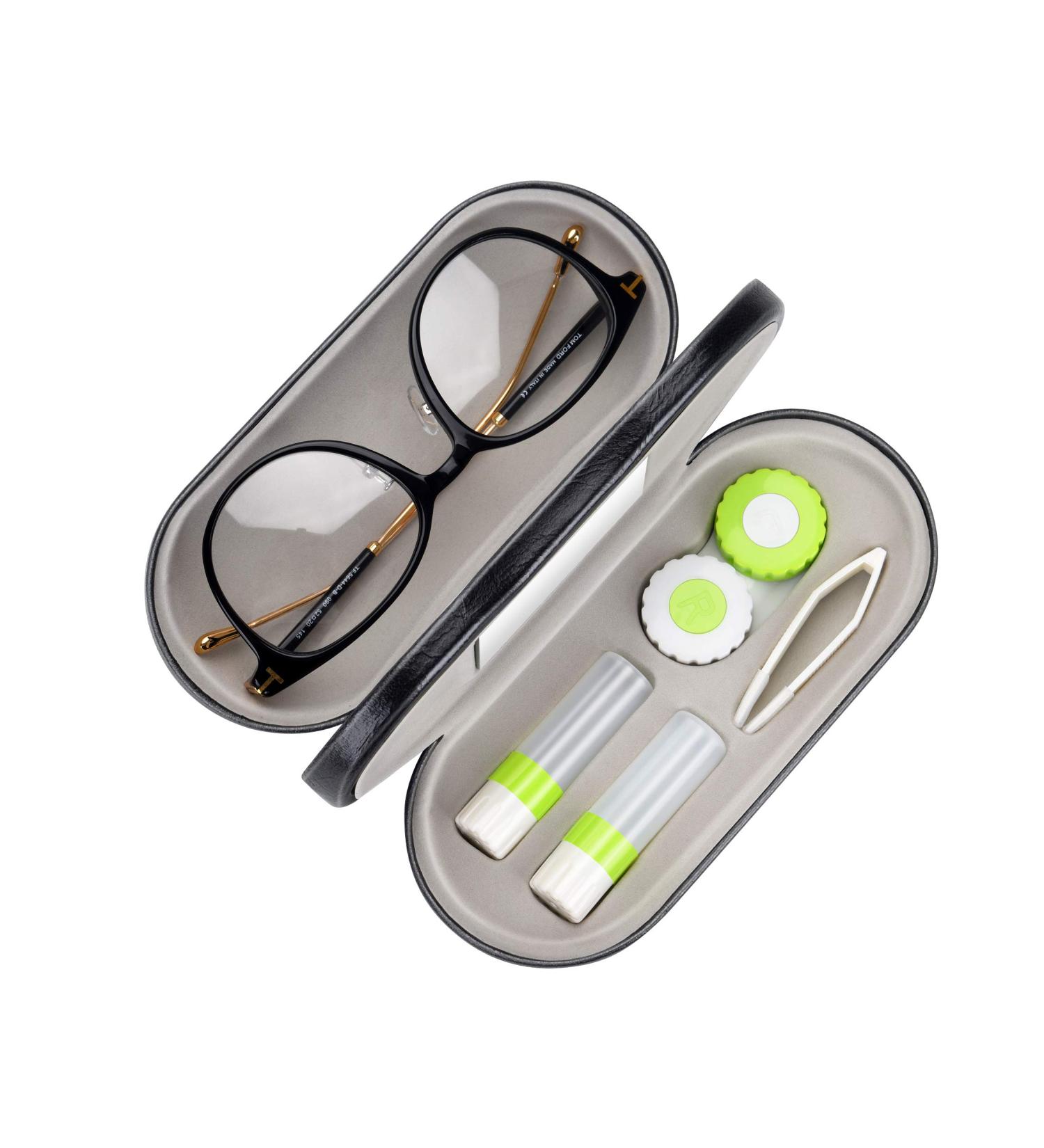 Muf 2 in 1 Double Sided Portable Contact Lens and Eyeglasses Case - Travel Kit with Mirror, Tweezer, Solution Bottle - Green/Black - Buy Online on GoSupps.com