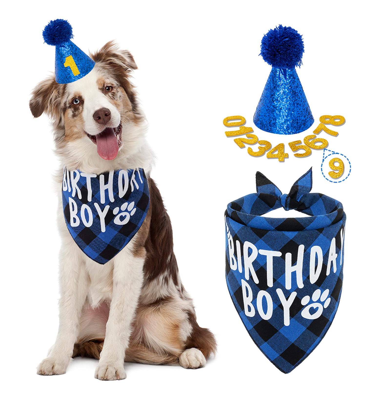FLYSTAR Dog Birthday Bandana with Hat and Number - Blue Plaid Party Outfit for Small Medium Large Dogs - Buy Online on GoSupps.com