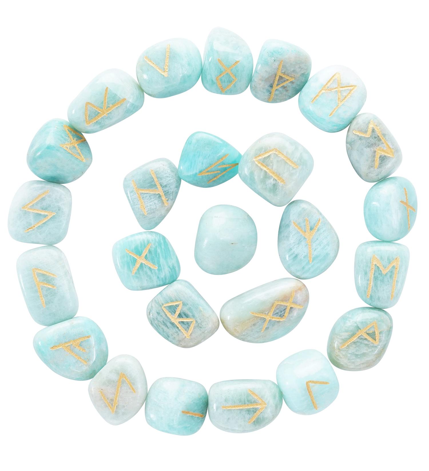 Crocon Amazonite Rune Stones Set - Elder Futhark Alphabet Engraved Symbols for Chakra Balancing | Decorative Stones 10-15mm - Buy Online on GoSupps.com