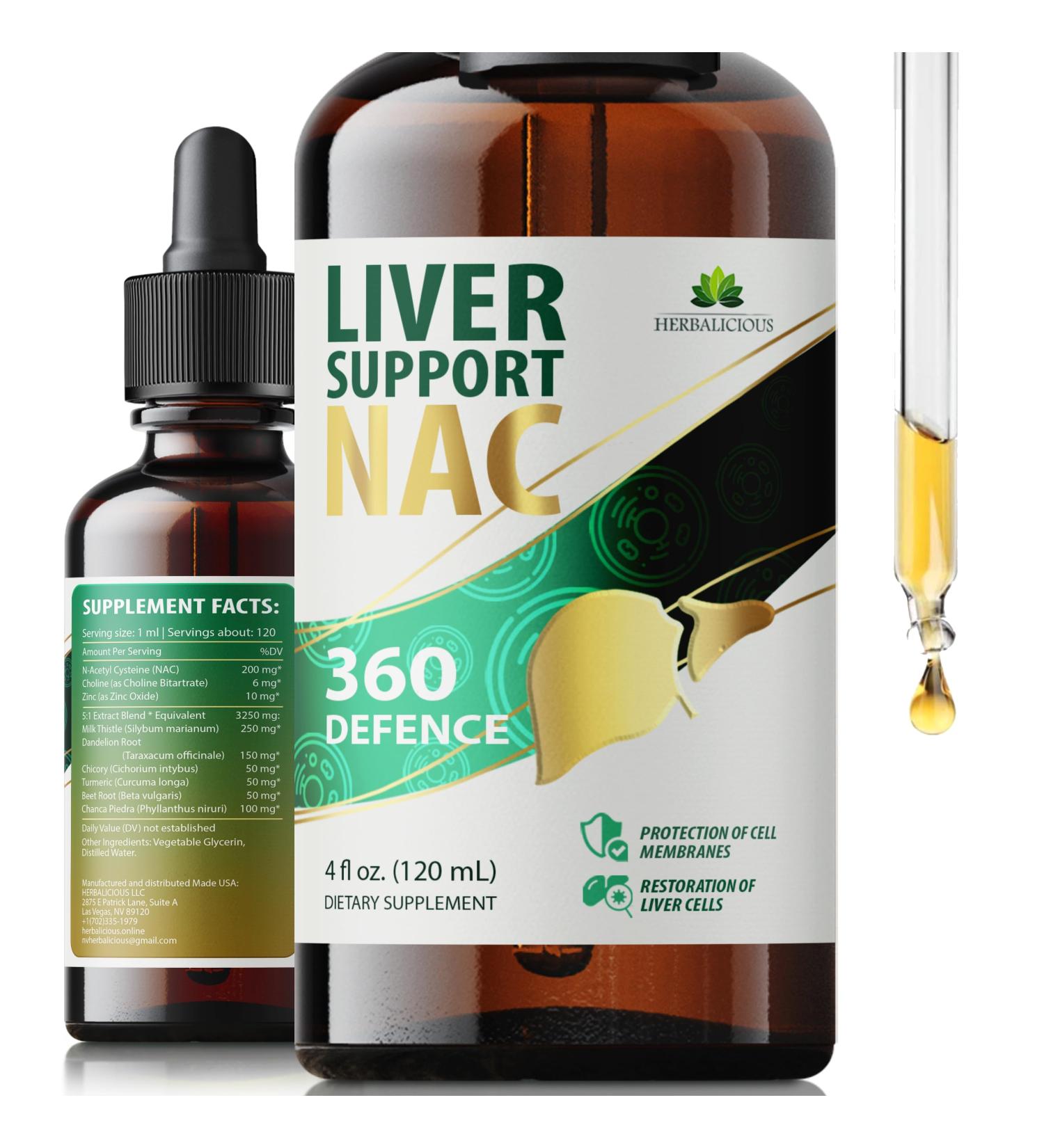 Liver Support NAC 360 Defense Liquid Liver Health with NAC Milk Thistle Dandelion Chicory Turmeric Chanca Piedra Beet Root & Zinc Supports Liver Detox Cleanse & Cellular Health 4 Fl Oz 4 fl.Oz - Buy Online on GoSupps.com