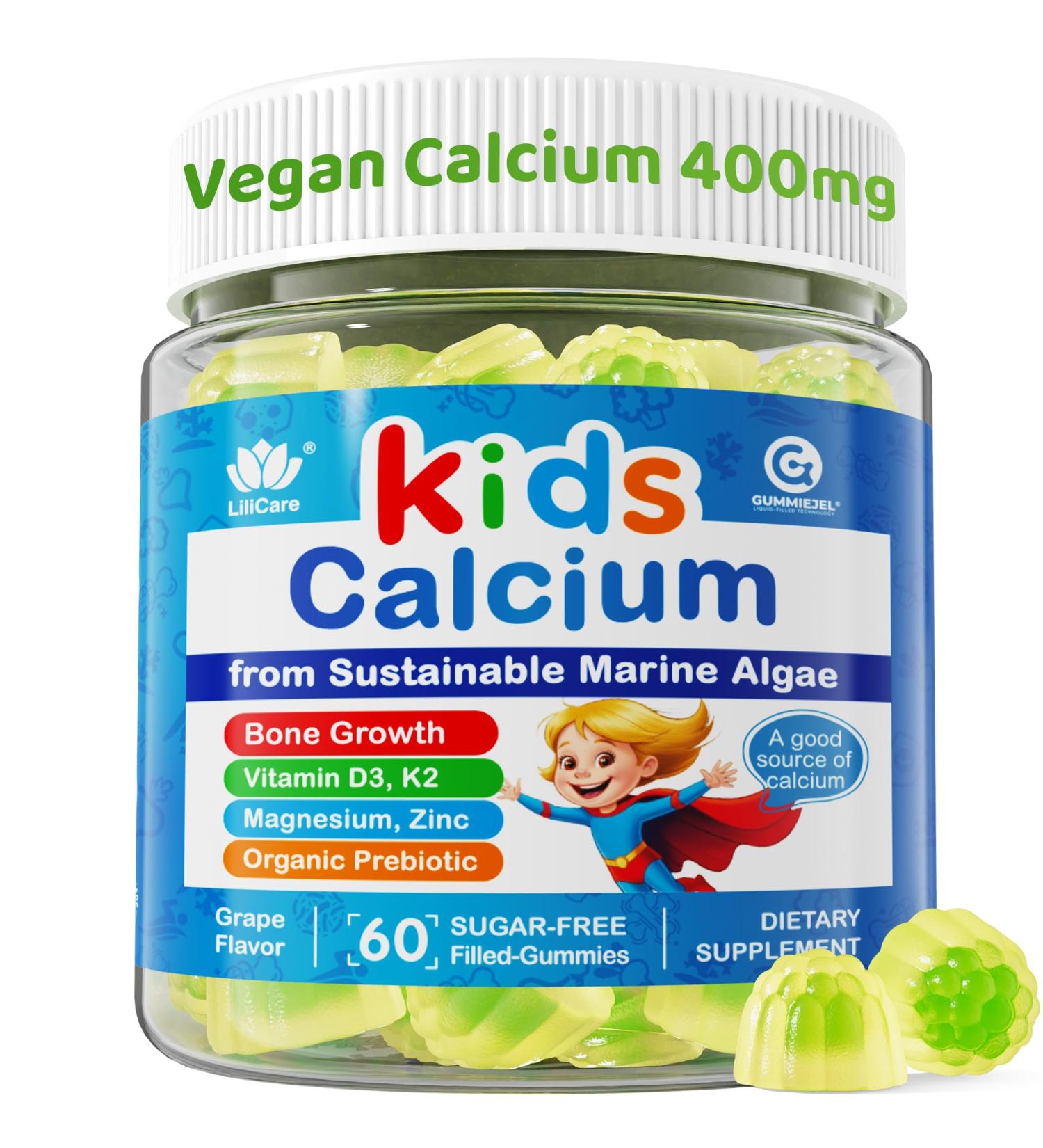 Kids Calcium Gummies + Vitamin D3 K2 Magnesium Zinc Extra Absorption Algae Calcium Supplement For Kids Gentle to Stomach Bone Teeth Muscle Brain Sugar Free Chewable Kids Vitamins 4+ 60 Counts 60 Count (Pack of 1) - Buy Online on GoSupps.com