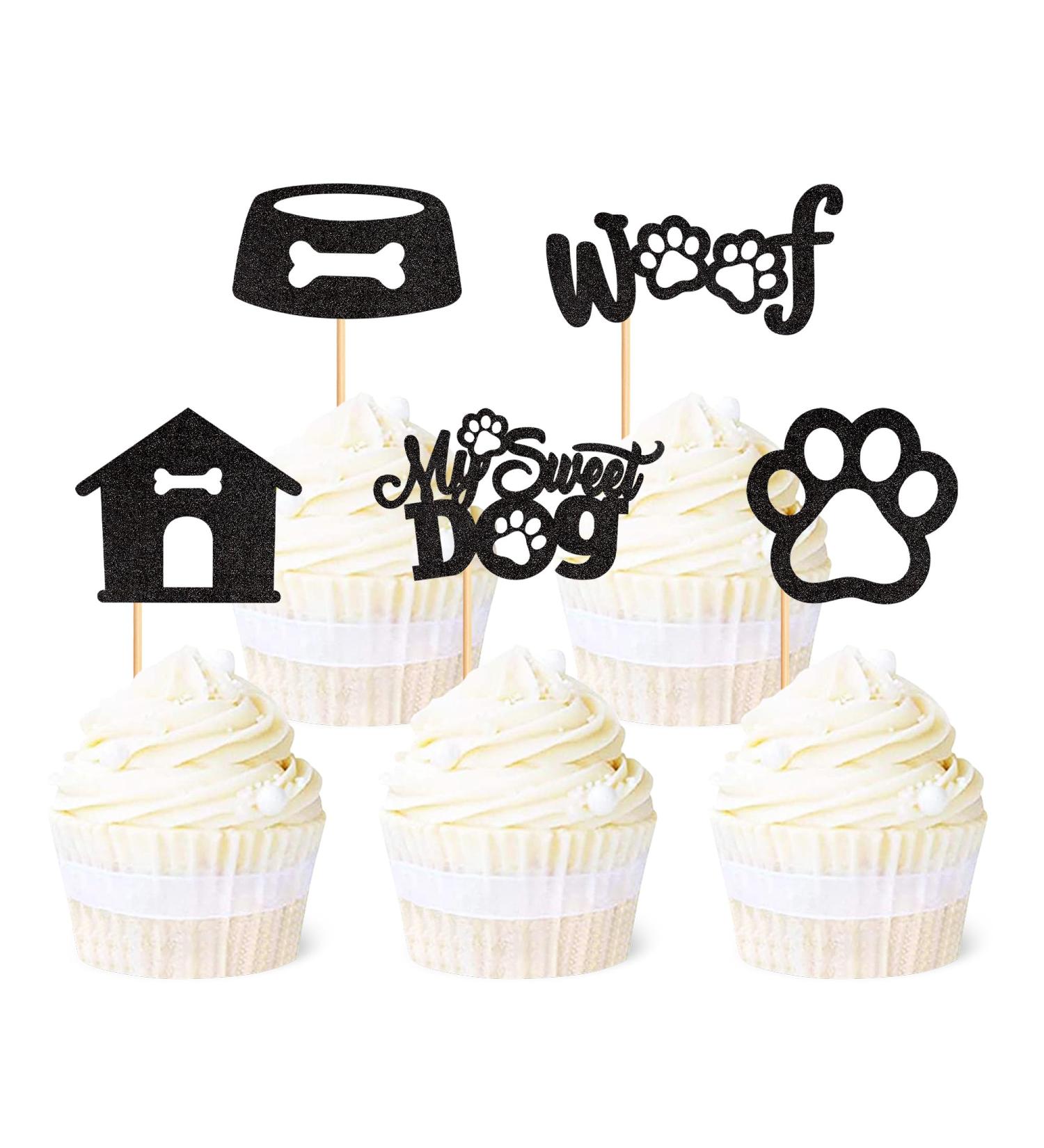 Ercadio 25 Pack Dogs Cupcake Toppers Black Glitter My Sweet Dogs Cupcake Picks Dog Paws Woof Cupcake Picks for Pet Theme Baby Shower Kids Birthday Party Cake Decorations Supplies Pattern-2 - Buy Online on GoSupps.com