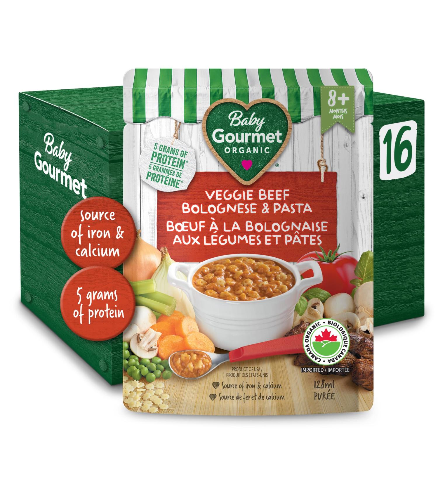 Baby Gourmet Organic Meals - Veggie Beef Bolognese & Pasta - Non-GMO BPA-Free No Added Sugar Or Salt No Fillers Or Thickeners 128ml - 16 Pack - Buy Online on GoSupps.com