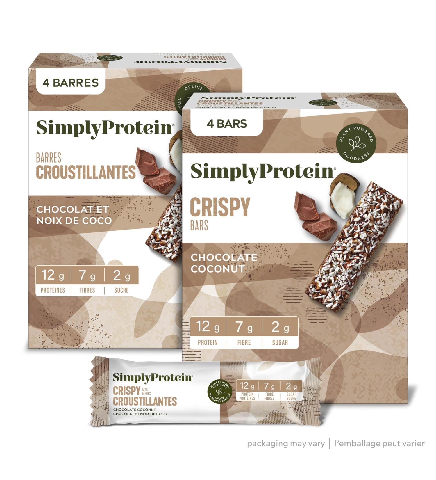 Simply Protein - Chocolate Coconut Crispy Bars - Plant Based Protein Bars - Low Carb Low Sugar High Fibre - 12g Protein 2g Sugar 7g Fibre - Vegan Gluten Free Non GMO Kosher - 4 Bars Chocolate Coconut 4 Count (Pack of 1) - Buy Online on GoSupps.com