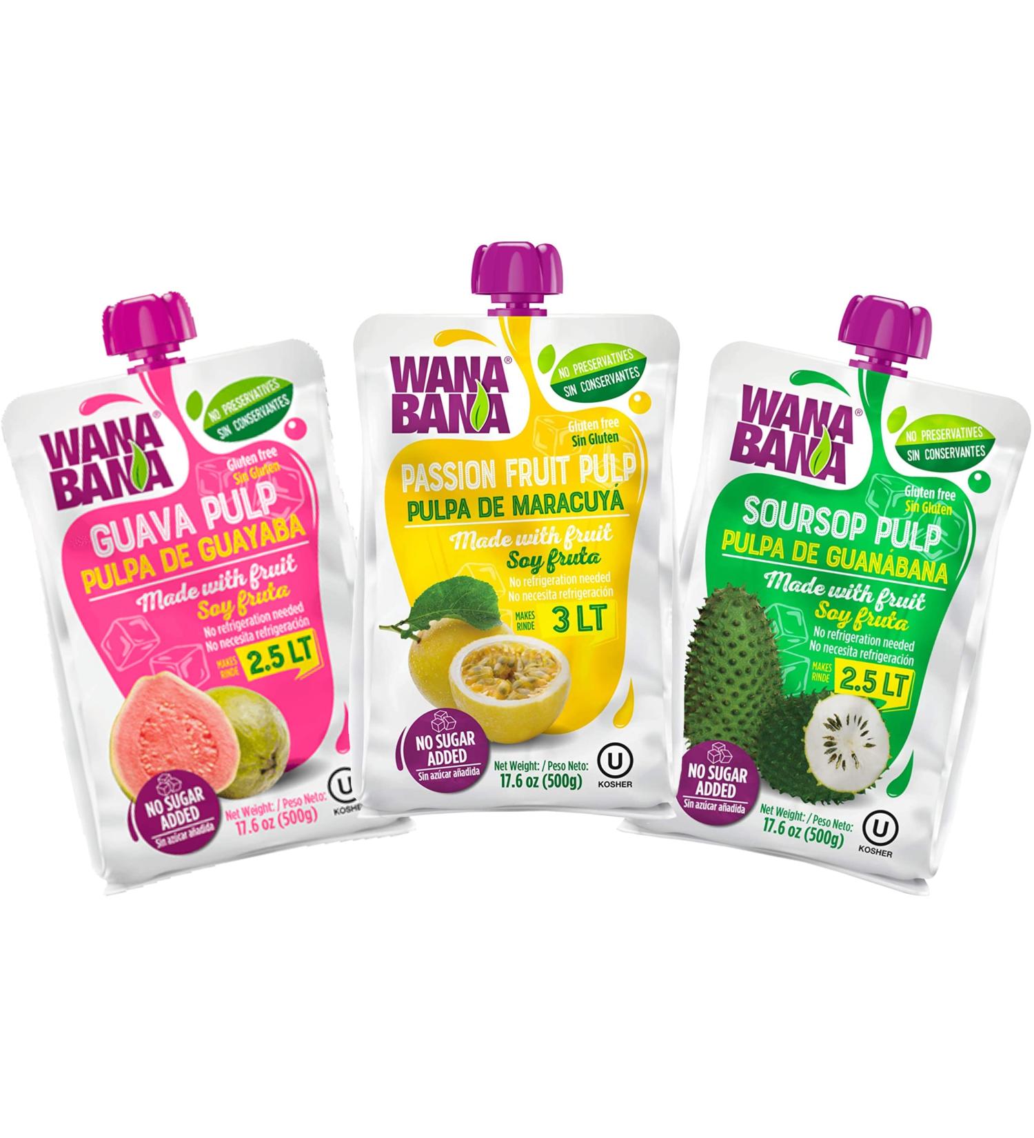 Wanabana 100% Real Fruit Pulp for Juice Making Variety Pack - Soursop, Passion Fruit, Guava - 17.64 Ounce (Pack of 3) - Buy Online on GoSupps.com