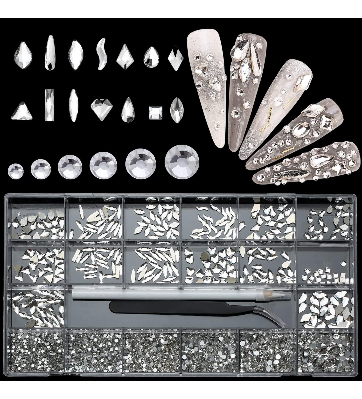 Nibiru White Rhinestones Glass Gemstones Kit for Nail Art - 3830PCS Multi Shapes Sparkly Flatback Mix with Wax Pen - Buy Online on GoSupps.com
