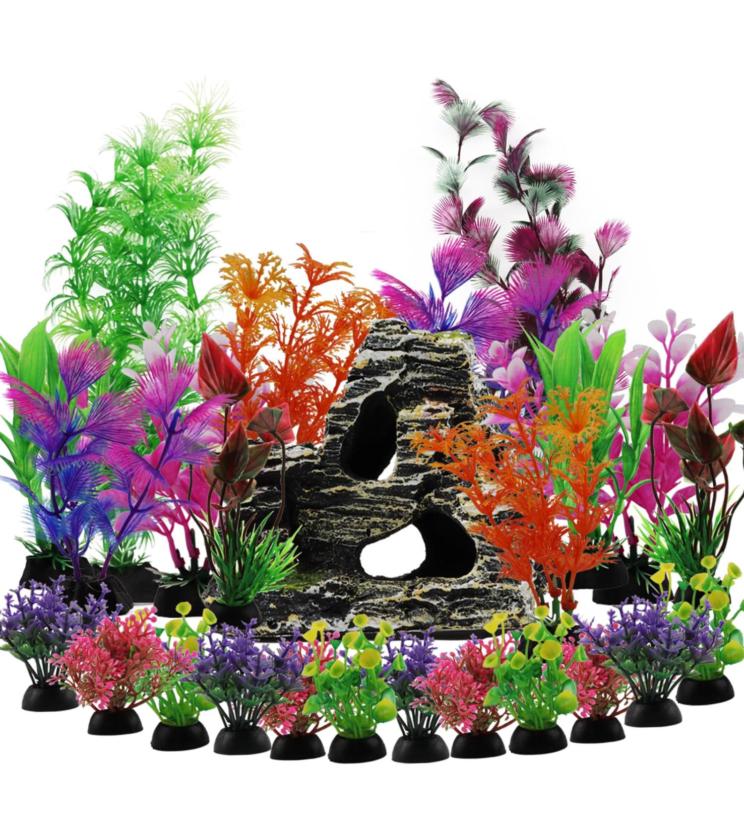 QUOZUO 25-Piece Aquarium Plants Decoration Set | Colorful Artificial Plants & Resin Cave Fish Tank Ornaments - Enhance Your Aquarium Today! - Buy Online on GoSupps.com