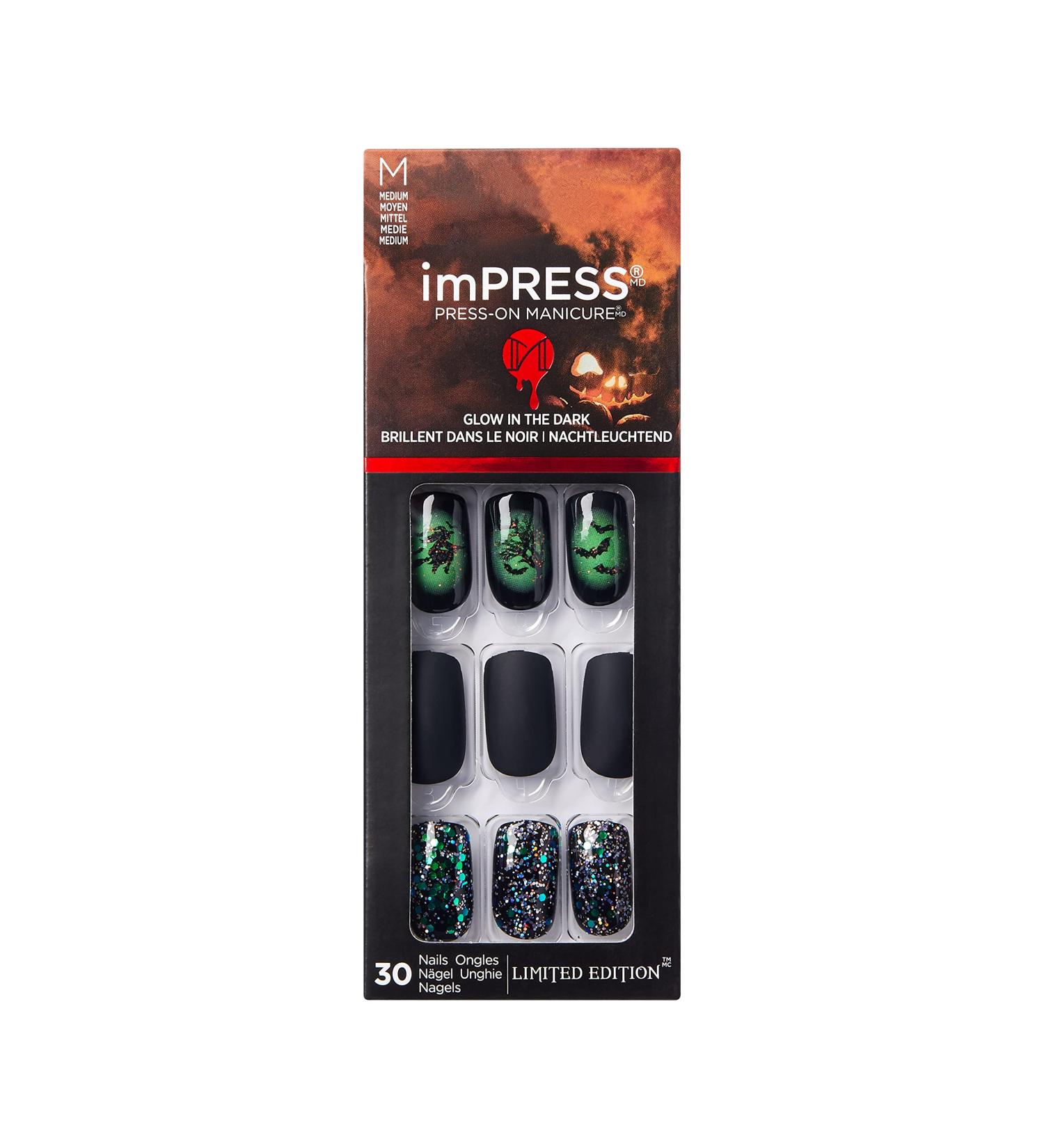 Buy KISS imPRESS Limited Edition Halloween Press-On Nails - Glow-In-The-Dark Witchful Thinking with Prep Pad Mini File & Cuticle Stick - Perfect for Spooky Season - Buy Online on GoSupps.com