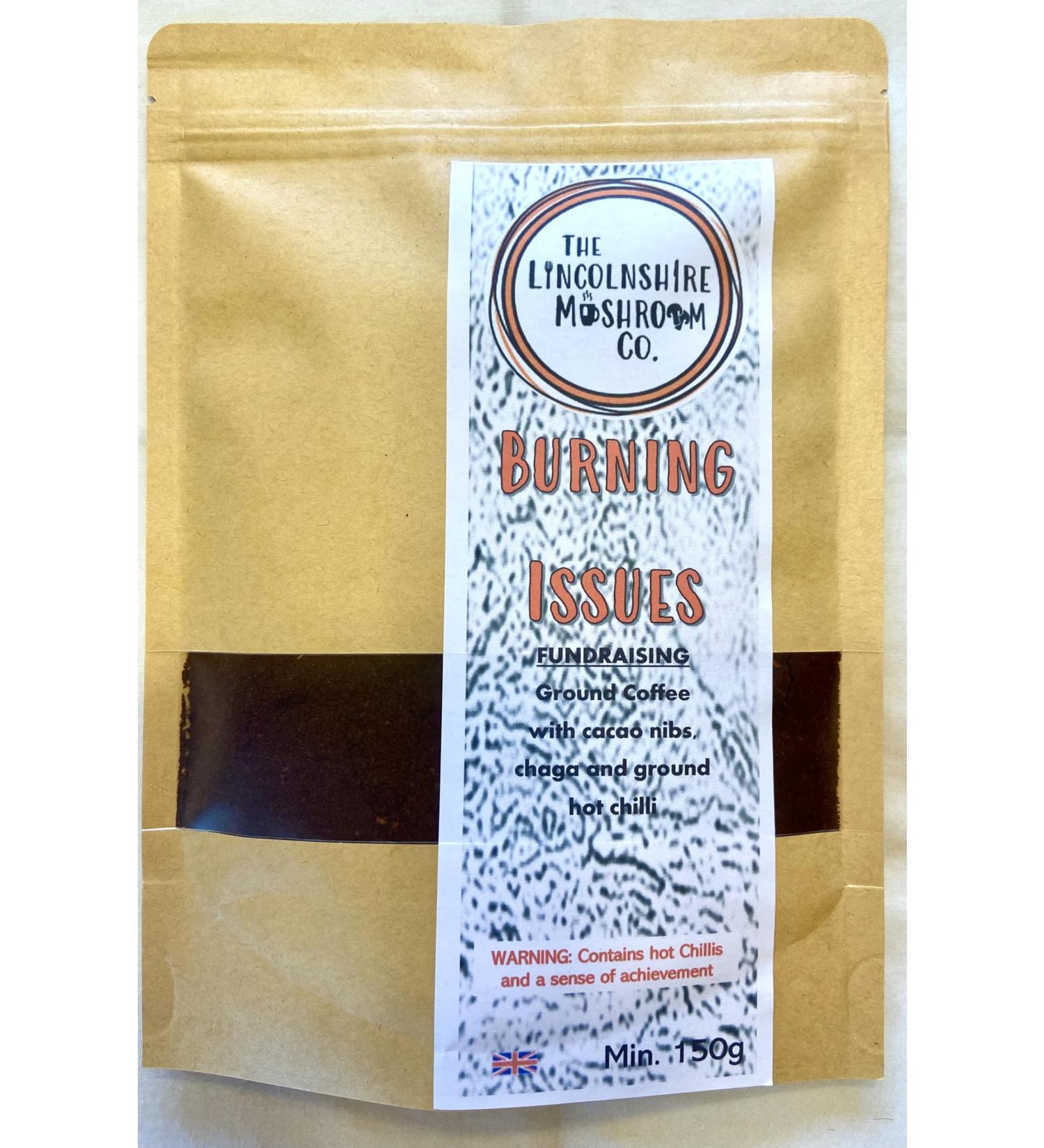 Adaptogenic Mushroom Coffee Made With Chaga Hot Chilli and Cacao -Burning Issues- (Inonotus Obliquus). 150g Bag- The Lincolnshire Mushroom Co. - Buy Online on GoSupps.com