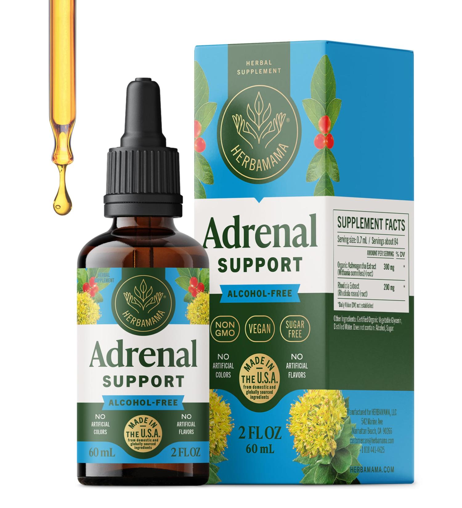 HERBAMAMA Adrenal Support Liquid Drops - Vegan Adrenal Tincture with Ashwagandha Root & Rhodiola Rosea Extract - Non-GMO, Alcohol & Sugar-Free Supplement - 28-Day Supply 2 Fl Oz (Pack of 1) - Buy Online on GoSupps.com