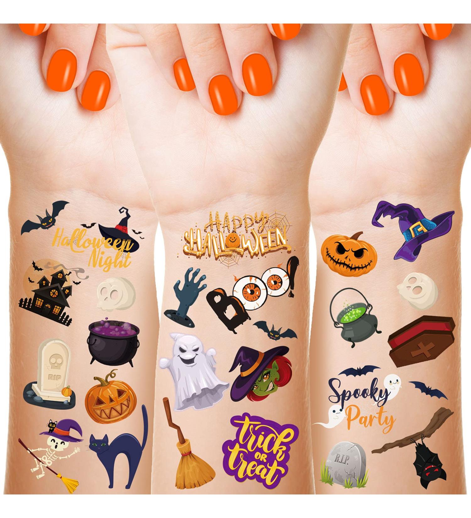 Halloween Temporary Tattoos Set for Kids - 288 Pieces, 48 Styles, Ghost, Pumpkin, Spider Web, Bat, Witch, Cat - Trick or Treat Fake Tattoos - 18 Sheets - Buy Online on GoSupps.com