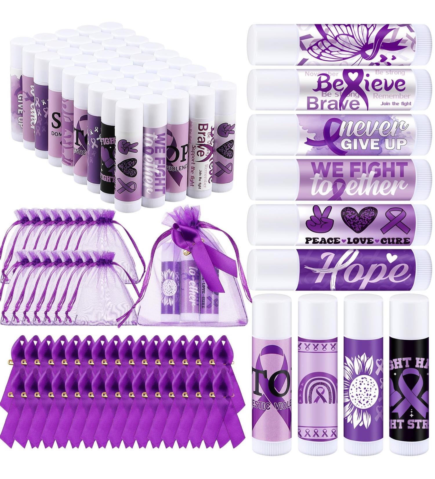 Linyuthia 50 Set Purple Ribbon Awareness Lip Balms Gifts 50 Organza Bags 50 Purple Awareness Ribbon Pins Raise Awareness for Domestic Violence Pancreatic Cancer Lupus Alzheimer's Overdose Awareness - Buy Online on GoSupps.com