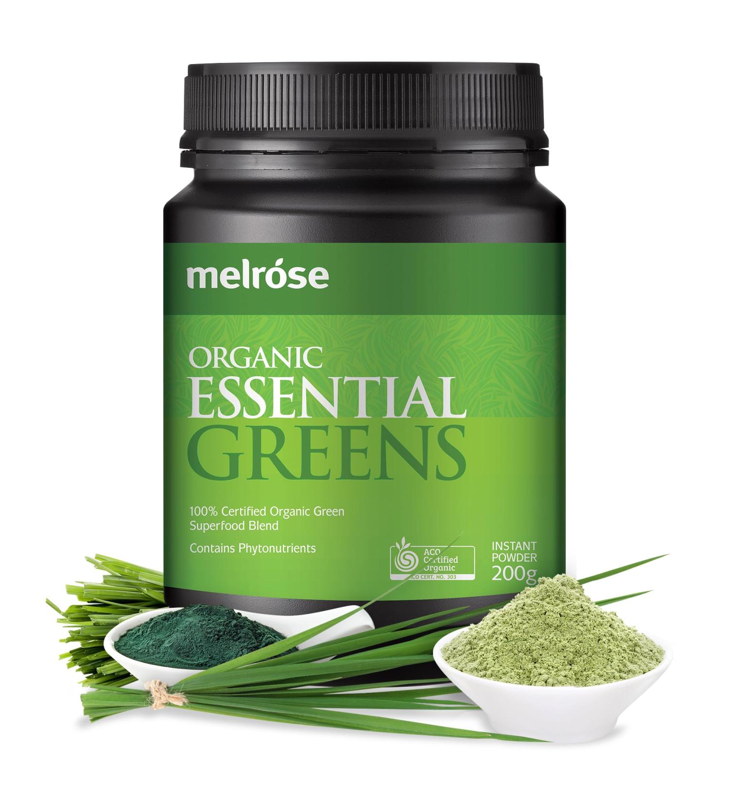 Melrose Essential Greens Superfood Powder - Organic Gut Health & Detox Blend with Wheatgrass, Barley, Chlorella & Spirulina - Gluten-free, Vegan, Non-GMO - ACO Certified - 1 Month Supply - Buy Online on GoSupps.com