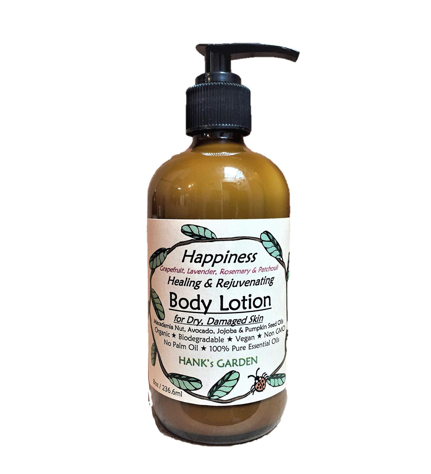 Hank's Garden HAPPINESS Healing Body Lotion Moisturizer for Dry Damaged Skin - Grapefruit Lavender Rosemary & Patchouli Essential Oils - Organic Vegan Non GMO No Palm Oil (8 oz/ 236.6 ml) 1 Fl Oz (Pack of 1)