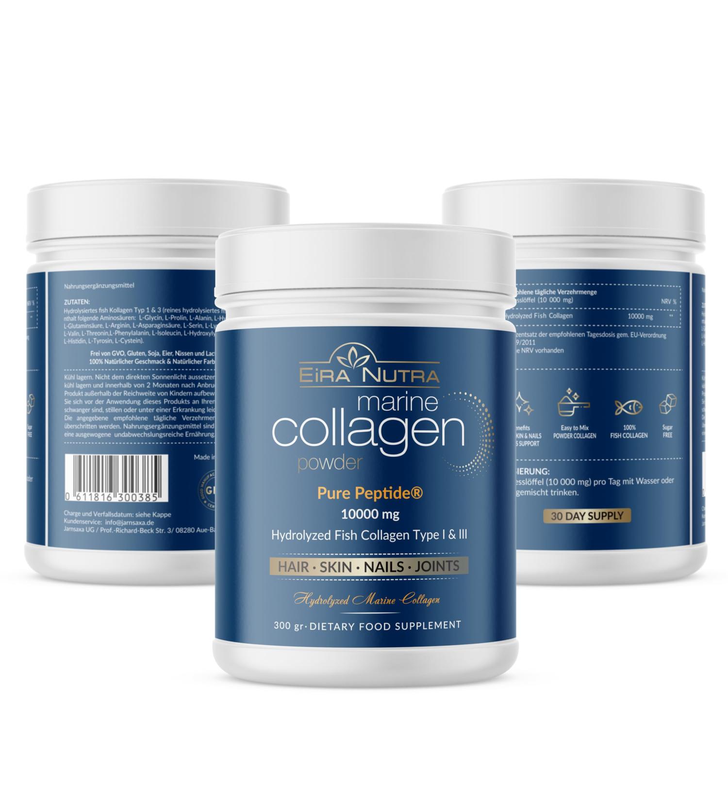 Eira Nutra 10000 mg hydrolyzed marine collagen per dose 100 GMOfree supports skin hair nails and joints 30 days supply allergenfree