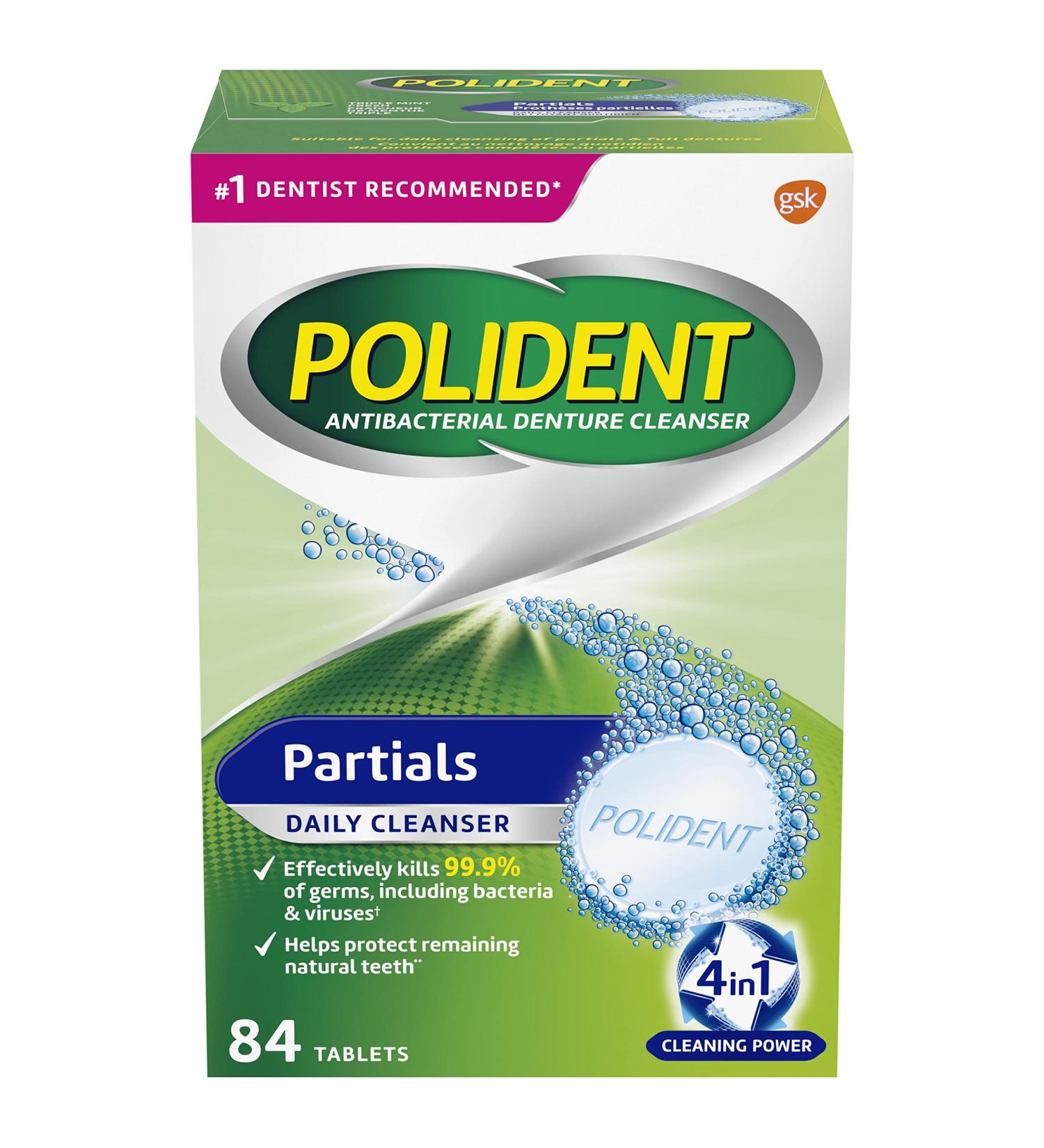 Polident Partials Denture Cleaning Tablets - Triple Fresh Mint 84 Count | Effective Stain Removal & Odor Control | Buy Online for Fast International Shipping - Buy Online on GoSupps.com
