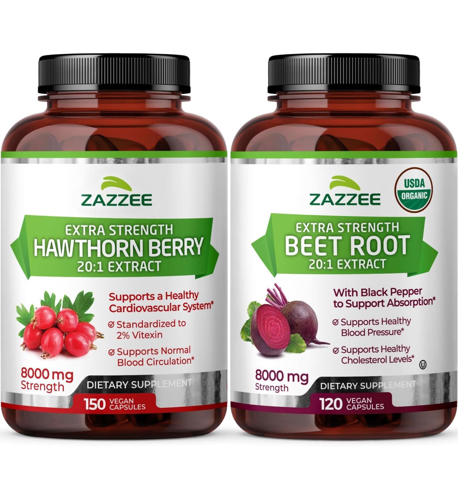 Zazzee Herbal B Pressure Support Bundle | 20:1 Organic Beet Root Capsules & 20:1 Extra Strength Hawthorn Berry Capsules | Non-GMO Vegan & ISO Lab Tested - Buy Online on GoSupps.com
