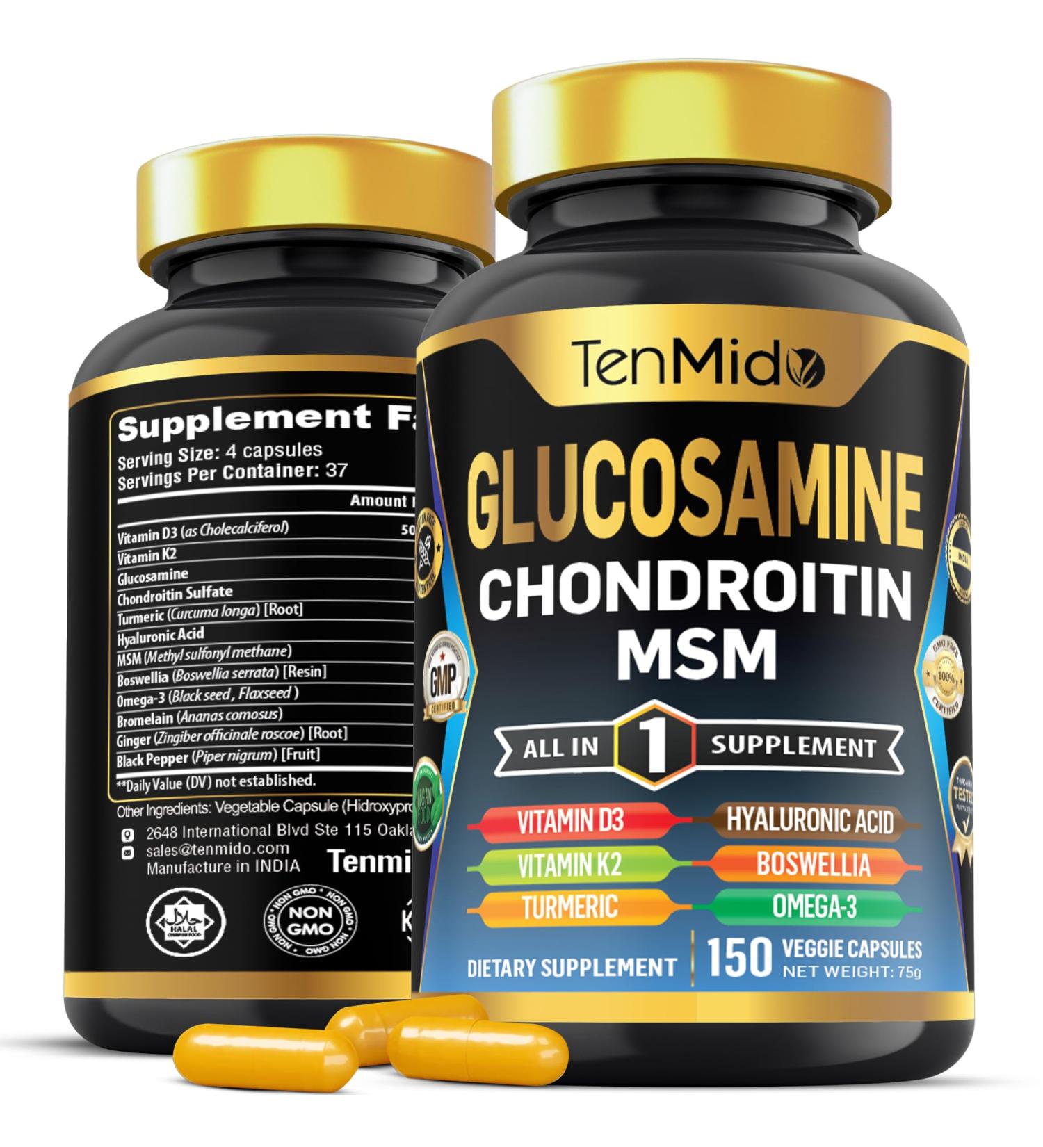 Tenmido Glucosamine Chondroitin MSM Supplement - 12in1 Formula - Combine with Turmeric Hyaluronic Acid Boswellia Omega-3 Bromelain Ginger and More - Joint Health Support - 150 Capsules - Buy Online on GoSupps.com