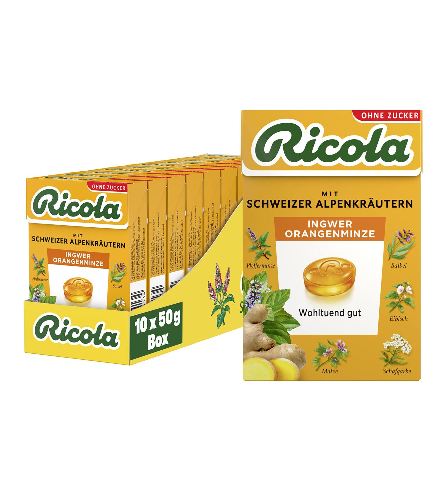 Buy Ricola Ginger Orange Mint Candies - Sugar-Free Swiss Herbal Candy (10 Pack 50g Each) - Vegan with 13 Alpine Herbs - Buy Online on GoSupps.com