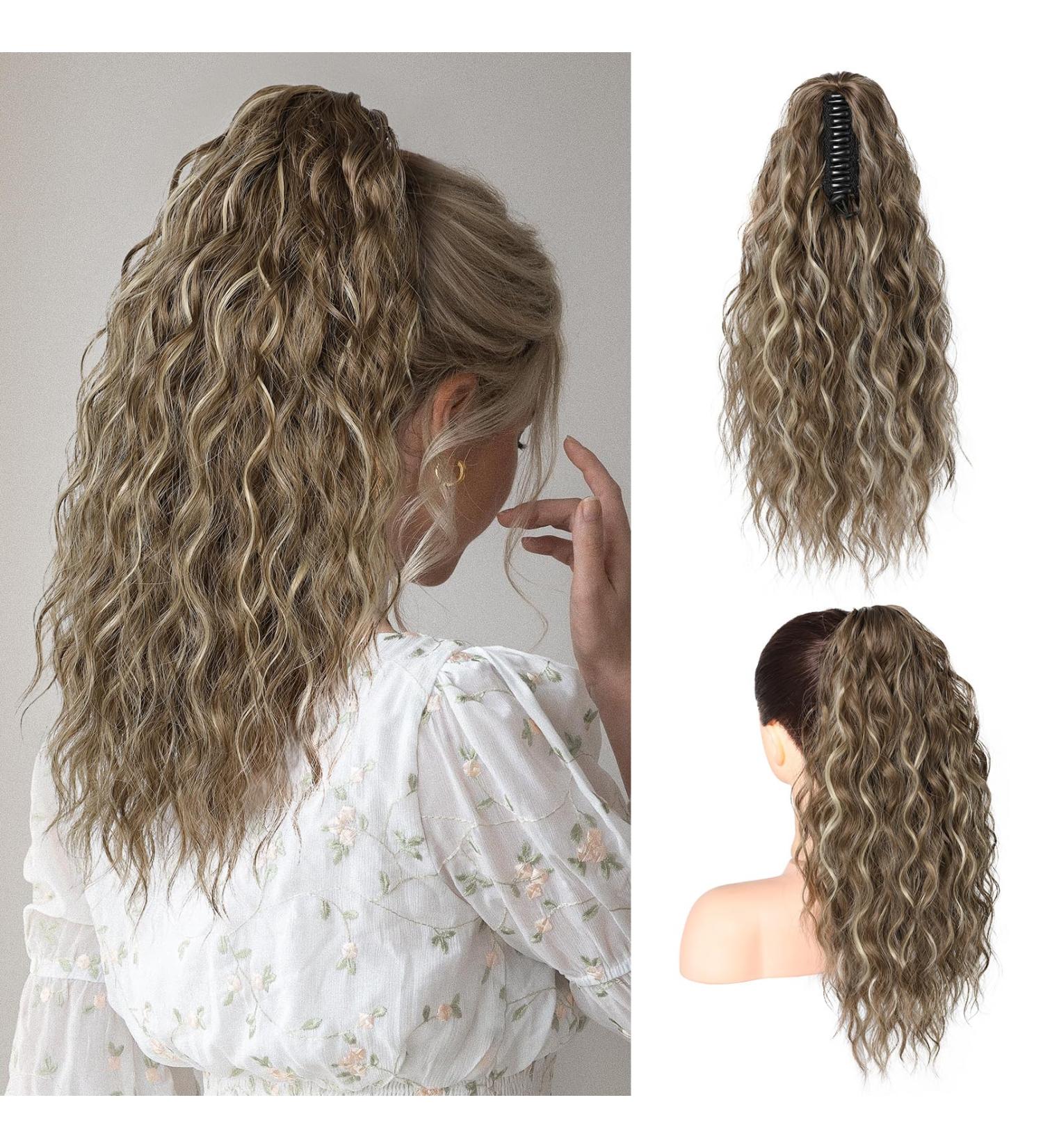 Brikabia Blonde Ponytail Extension - 40cm Curly Clip-In Hairpiece for Women Medium Brown Ash Blonde Long Corrugated Style - Buy Online on GoSupps.com