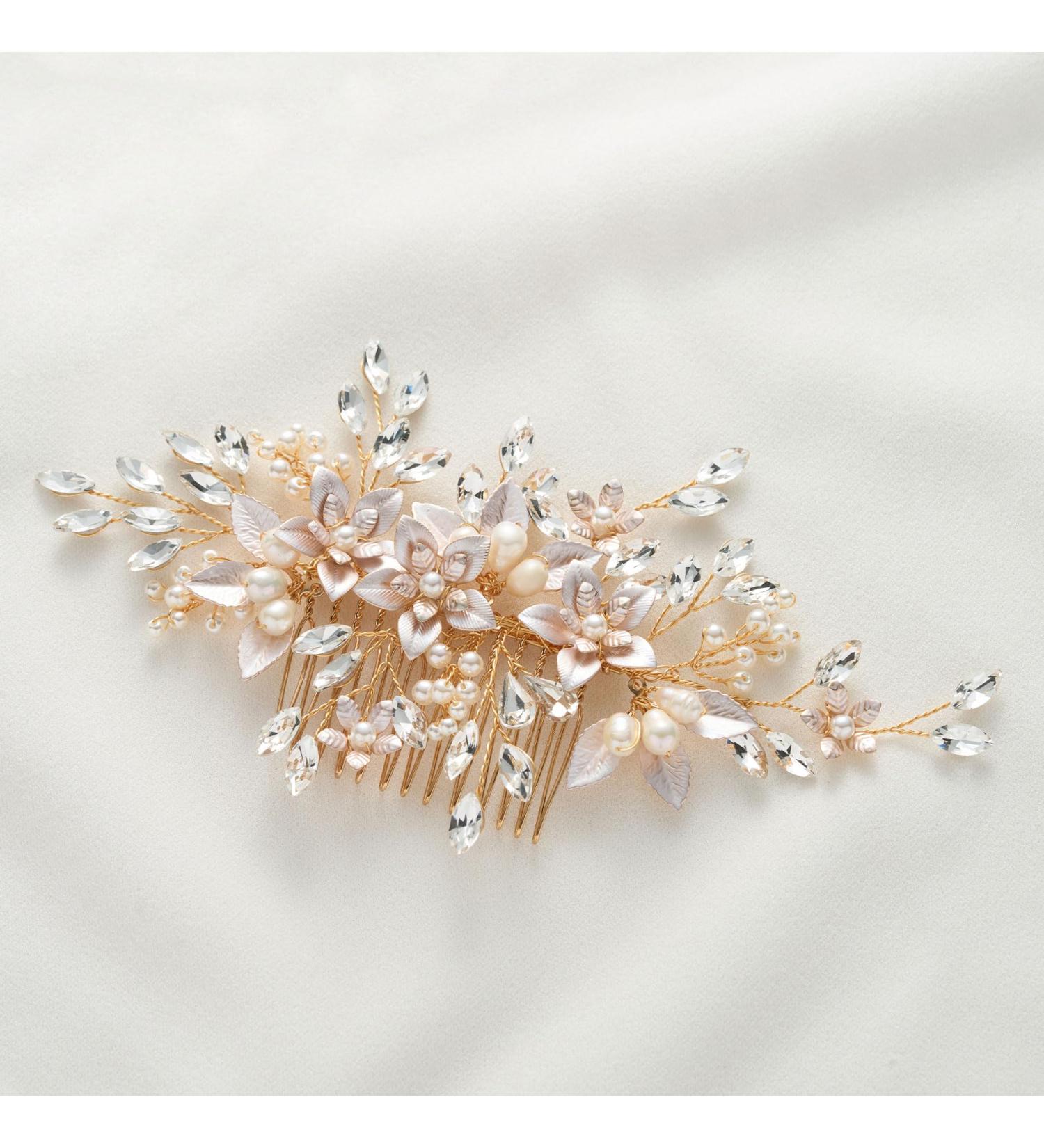 SWEETV Handmade Wedding Hair Comb | Pearl Flower Bridal Hair Clip | Elegant Women's Hair Accessories in Gold - Buy Online on GoSupps.com