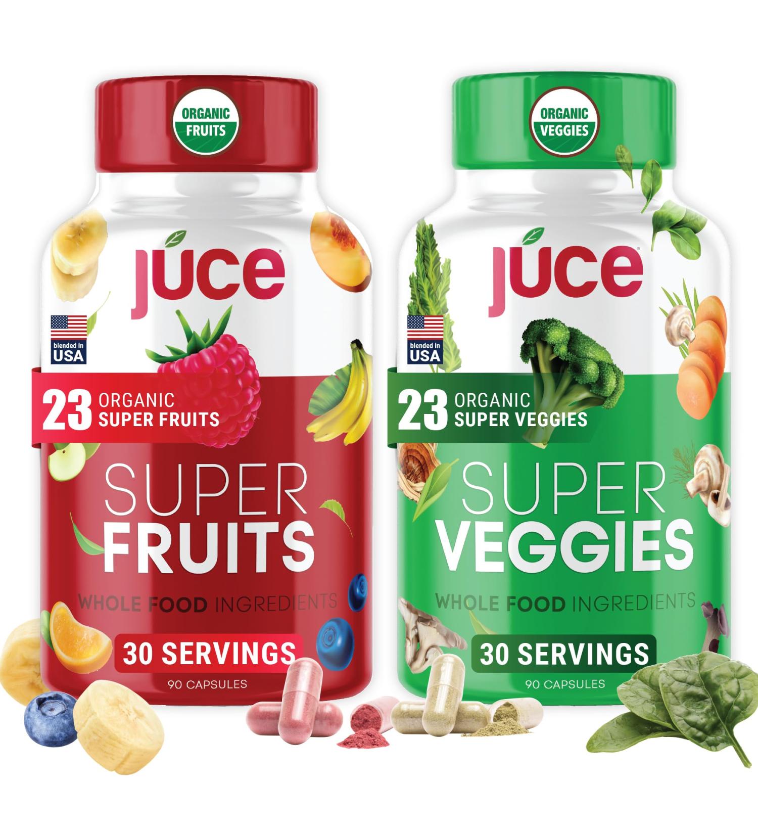 Juce Original Formula - Organic Super Fruit & Veggies Supplement - Gluten/Gelatin Free Soy Free & Vegan- Reds & Greens Superfood Capsules- 23 Fruits & 23 Vegetables (180 Count)- By Terra Kai Organics Organic Fruit & Veggie  - Buy Online on GoSupps.com