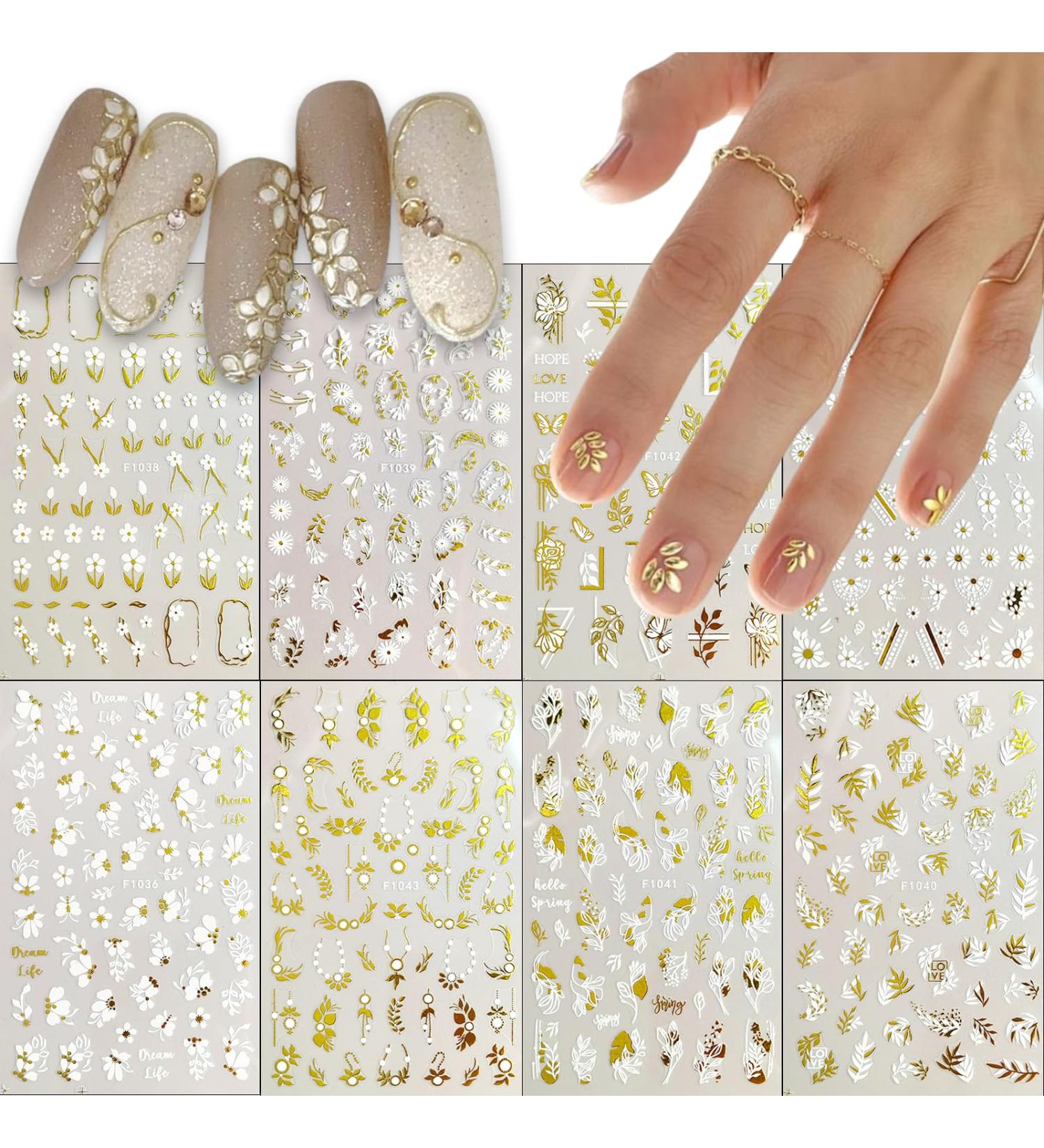 Buy 8 Sheets White Gold Flower Nail Art Stickers - 3D Self-Adhesive Daisy & Holographic Designs for Women | International Shipping - Buy Online on GoSupps.com