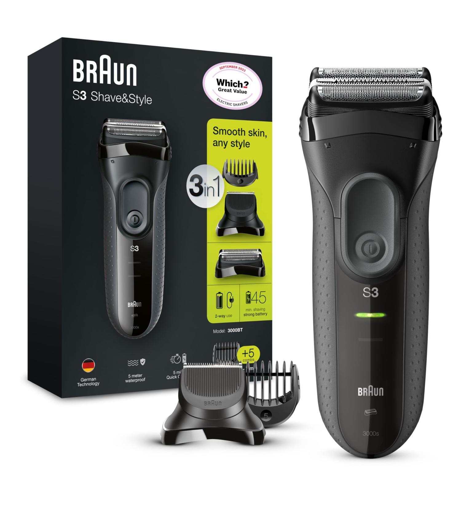 Buy Braun Series 3 3000BT Shave & Style 3-in-1 Electric Shaver with Precision Trimmer & 5 Comb Attachments - International Shipping Available - Buy Online on GoSupps.com