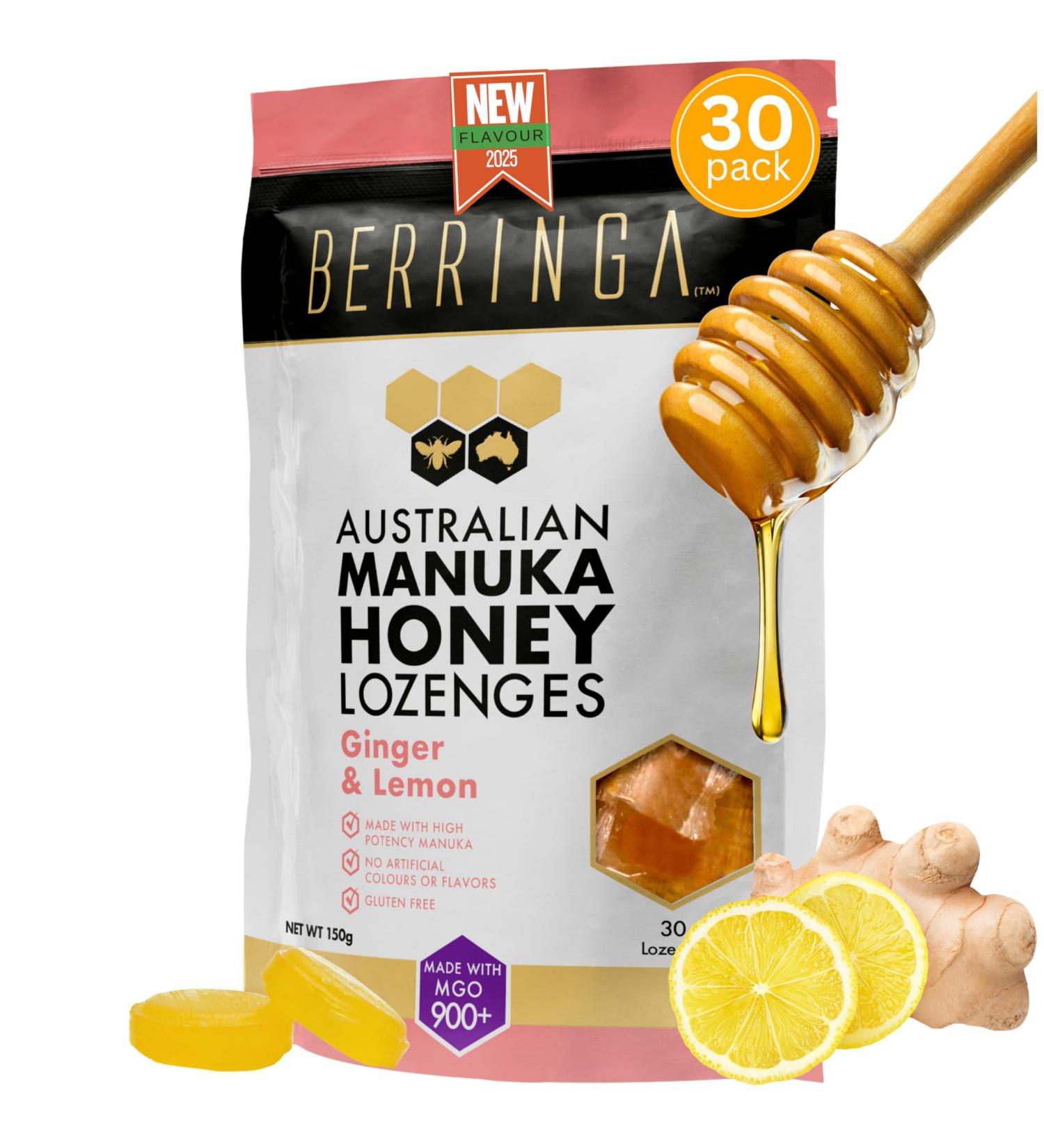 Berringa Australian Super Manuka Honey Lozenges with Ginger & Lemon | Certified MGO 900+ | 30 Pack | Premium Australian Honey Lozenges - Buy Online on GoSupps.com
