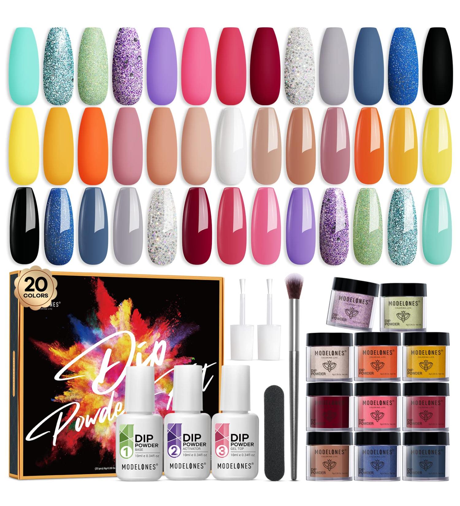 Modelones 20 Colors Dip Powder Nail Kit Nude Pink Acrylic Dipping System for French Nail Art | DIY Salon Manicure Set with Top/Base Coat Activator | 2022 Christmas Gift - Buy Online on GoSupps.com