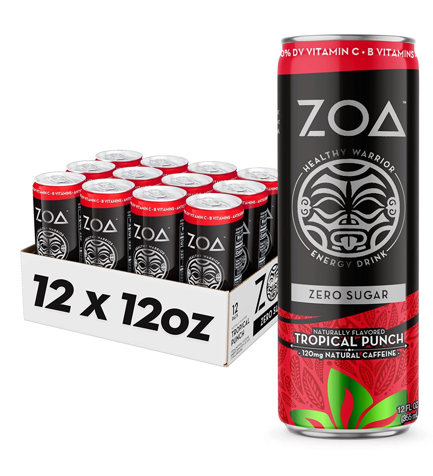 ZOA Sugar Free Tropical Punch Energy Drink - 12 Pack | Healthy Energy with B Vitamins & Amino Acids - Buy Online on GoSupps.com