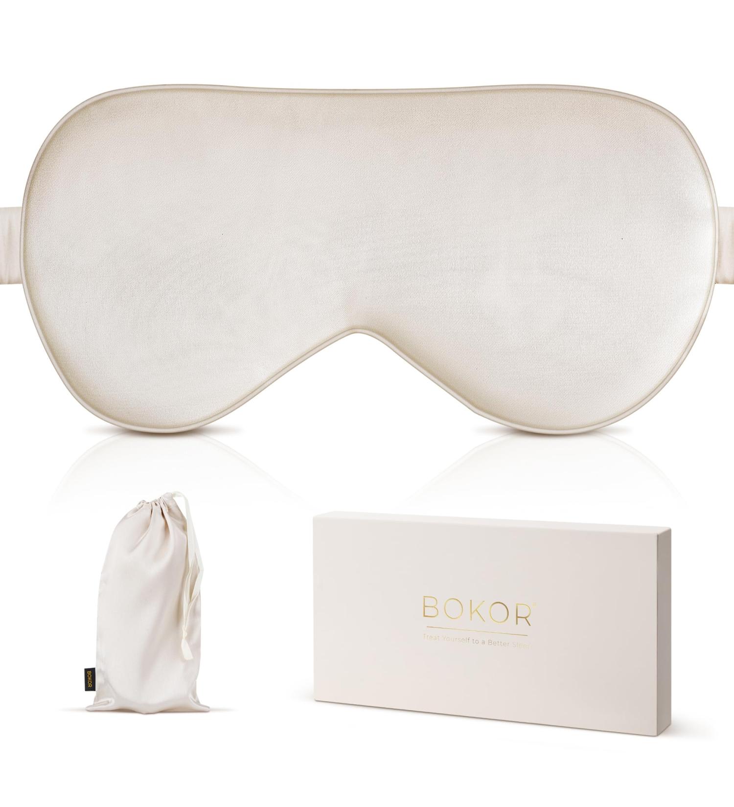 BOKOR Adjustable Silk Sleep Eye Mask - Luxury Mulberry Silk FSA/HSA Approved Light-Blocking Improve Sleep Quality Gift Ready with Travel Bag - Champagne - Buy Online on GoSupps.com