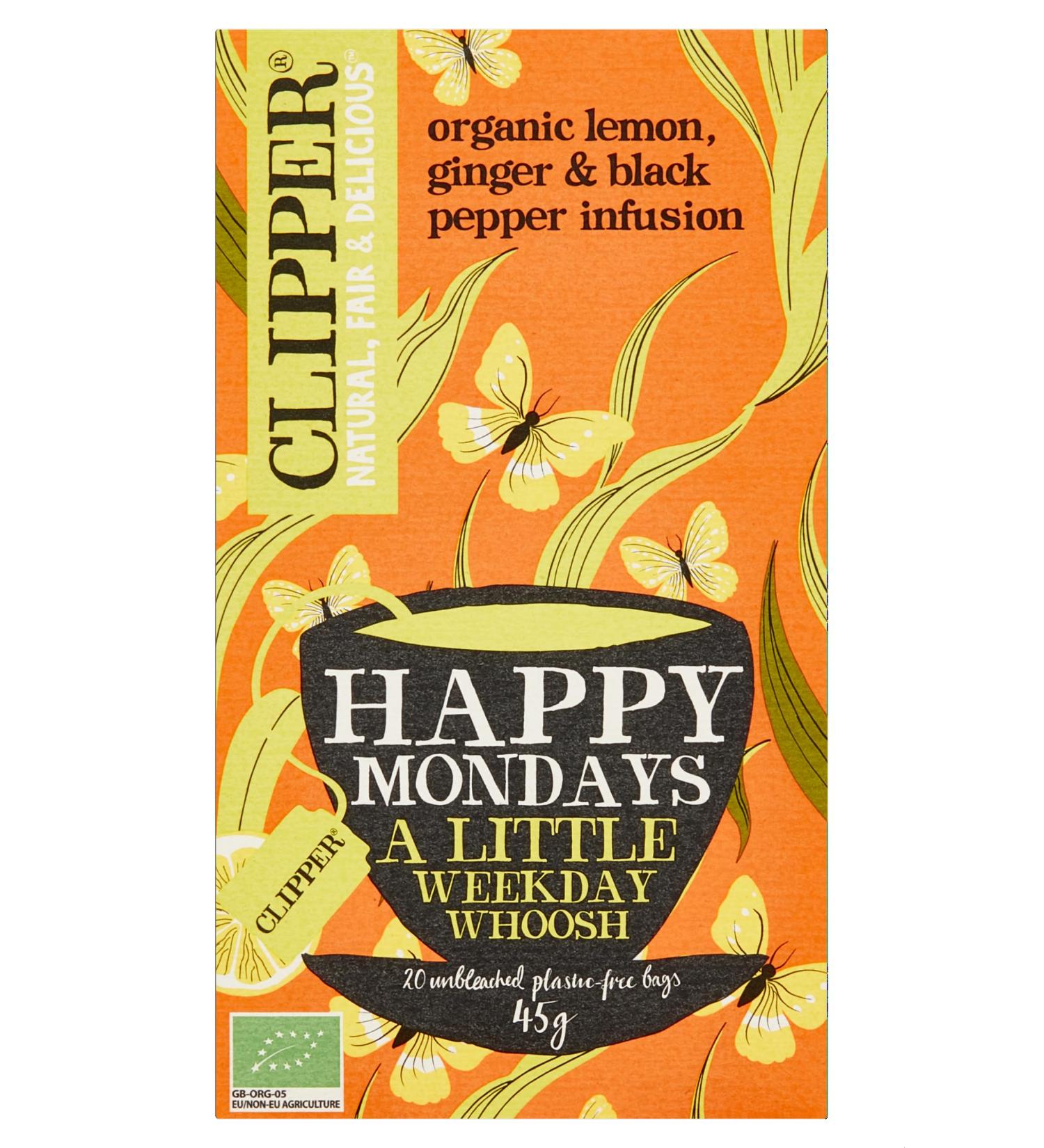 Clipper Herbal Tea | Happy Mondays Organic Infusion Lemon Ginger & Black Pepper 20 Stuks | Happy Mondays Organic Lemon Ginger & Black Pepper Infusion 20 Stuks | Total Weight 45g