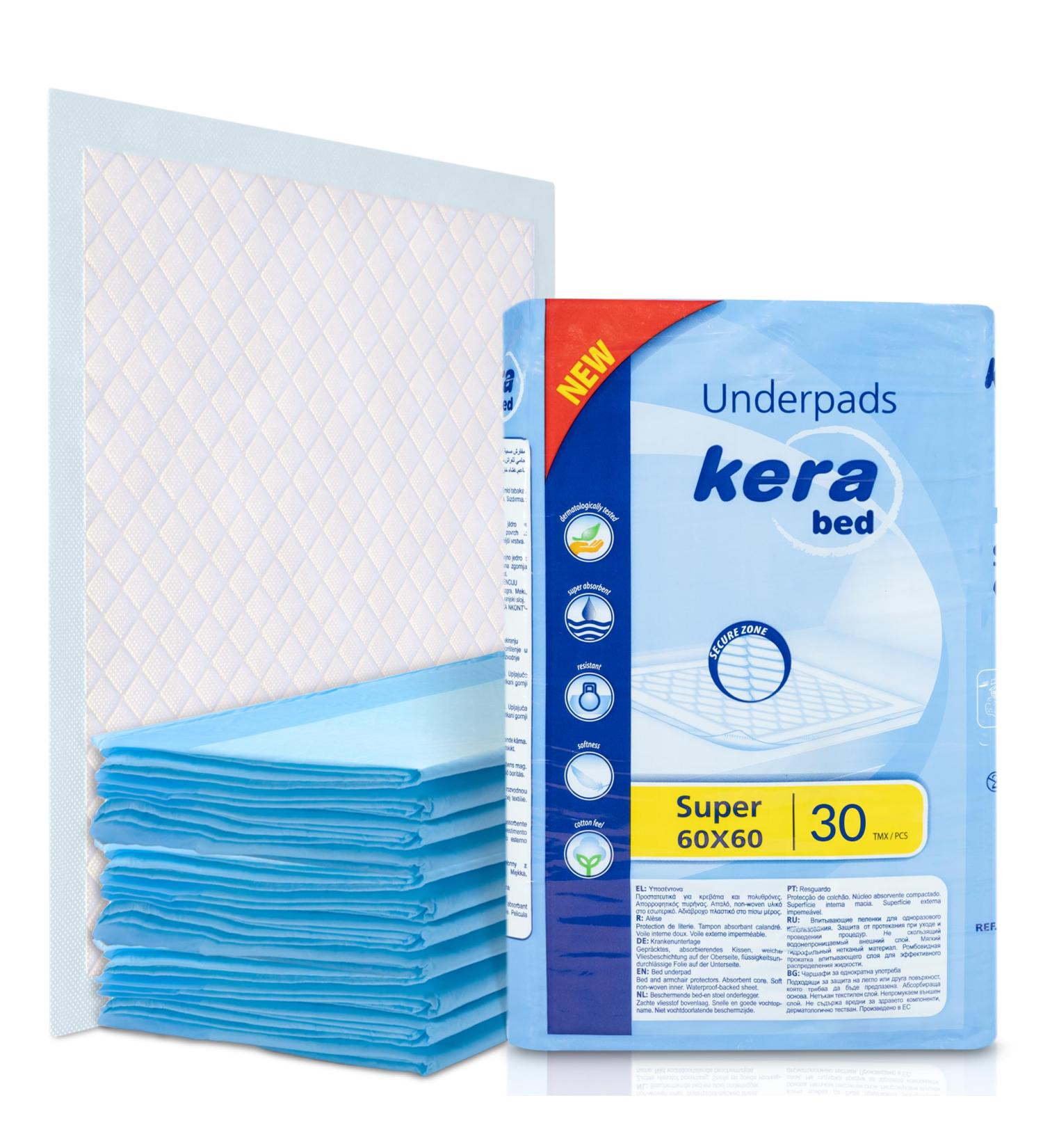 KERA Suction Incontinence Bed Pad - 30 Disposable Medical Pads 60x60cm | Waterproof & Comfort Cotton Feel | 1200ml Absorbency - Buy Online on GoSupps.com