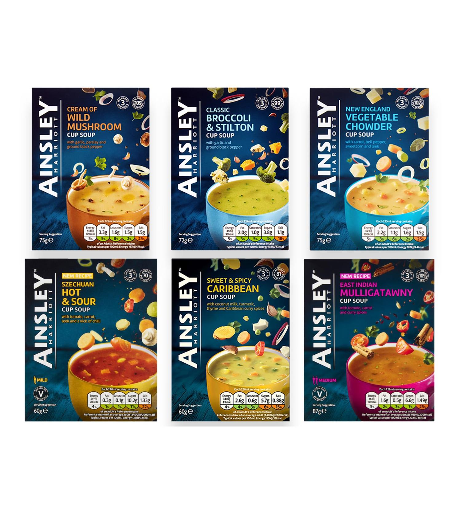 Cup Soup Bundle with Ainsley Harriott Cream of Wild Mushroom Broccoli & Stilton New England Vegetable Chowder Szechuan Hot & Sour Sweet & Spicy Caribbean and East Indian Mulligatawny (Pack of 6) - Buy Online on GoSupps.com