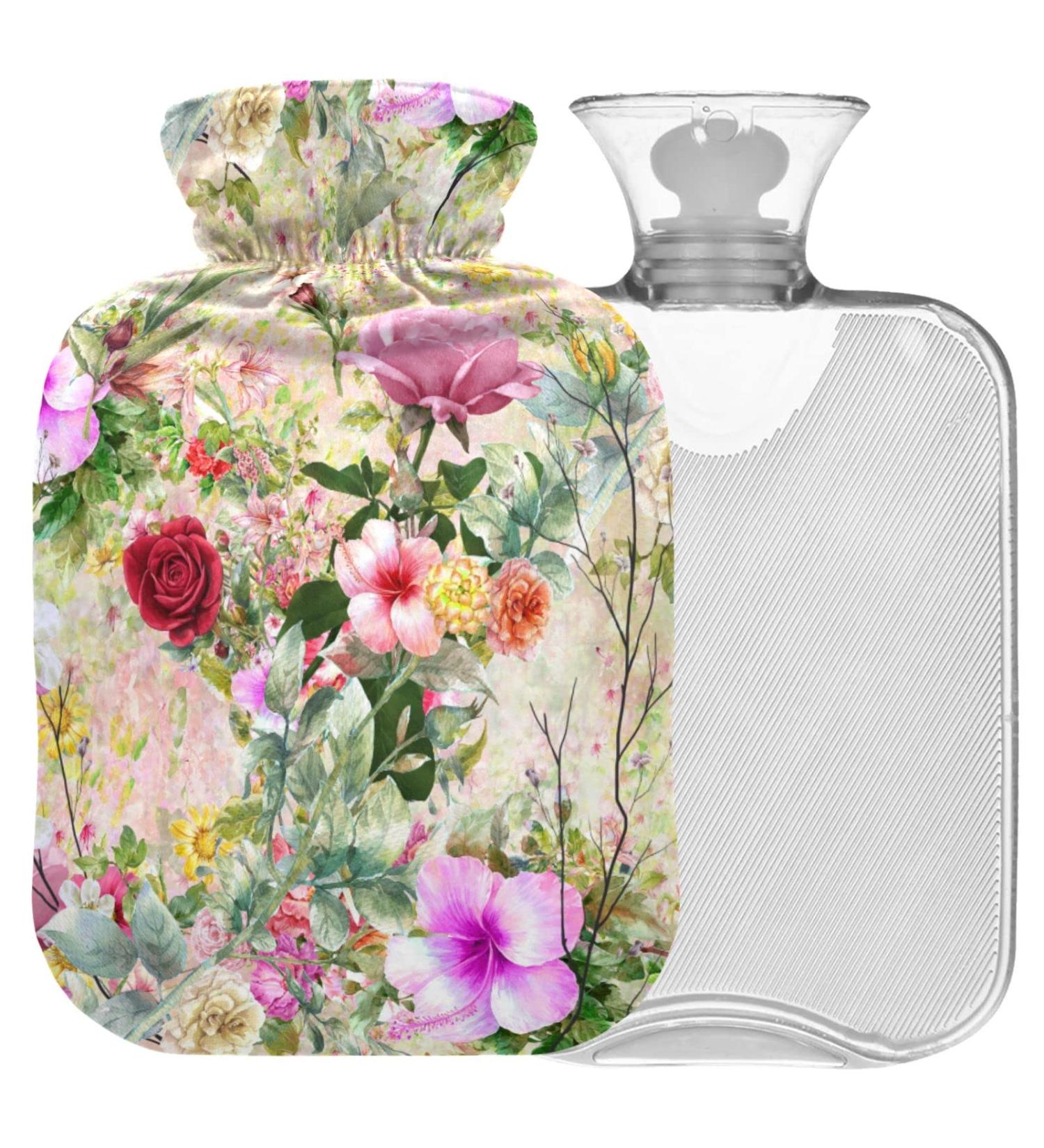 NAANLE Hot Water Bottle with Lid - 1L Transparent Watercolor Flower Design for Pain Relief & Heat Therapy - Buy Online on GoSupps.com