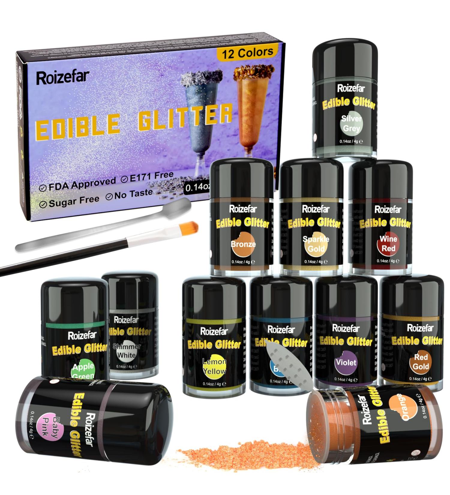 RoizeFar Edible Glitter Set - 12 Colors Tasteless Glitter Powder for Cakes & Drinks | Perfect for Easter Christmas & Parties | 4g Can - 14-Part Set - Buy Online on GoSupps.com