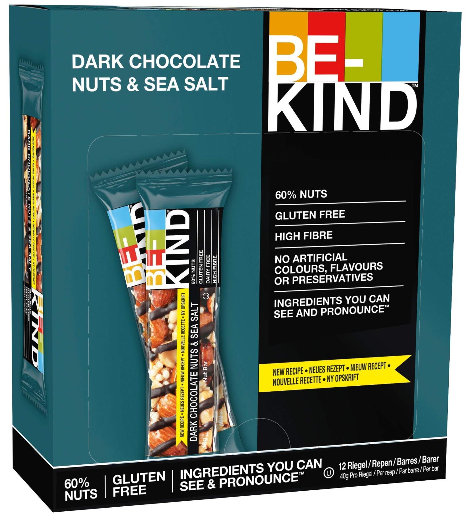 BE-KIND BE-KIND 12-Pack Healthy Gluten Free Snack Bars | Low Sugar Bars | Healthy Nut Blend | Healthy Snacks No Diary | High Fiber Dark Chocolate Nut & Sea Salt Snacks | Pack of 12 (40g Each)