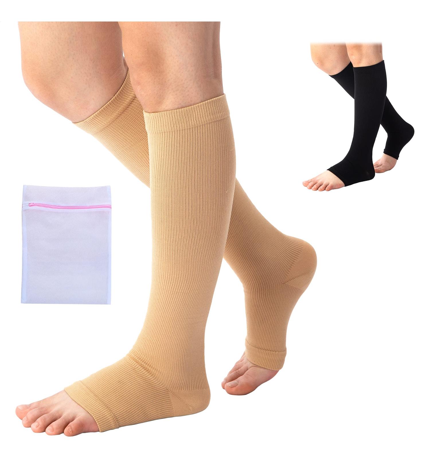 Open Toe Medical Compression Socks | S/M/L/XL/XXL | Flight, Running, Pregnancy, Travel | Varicose Veins Relief | 1 Pair Beige w/ Laundry Bag - Buy Online on GoSupps.com