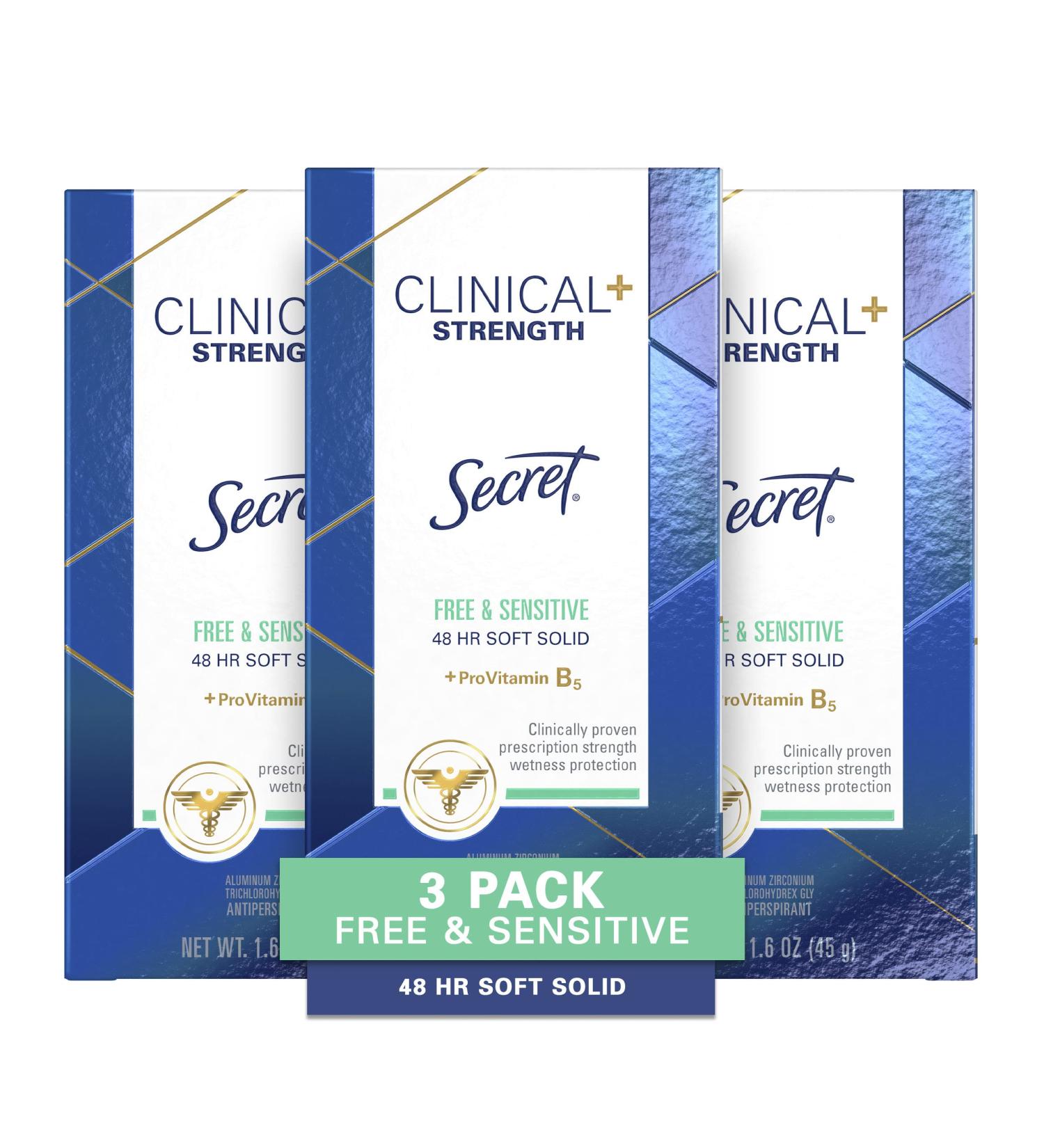 Secret Clinical Strength Antiperspirant & Deodorant for Women - Soft Solid, Free & Sensitive, 1.6 oz (Pack of 3) - Buy Online on GoSupps.com