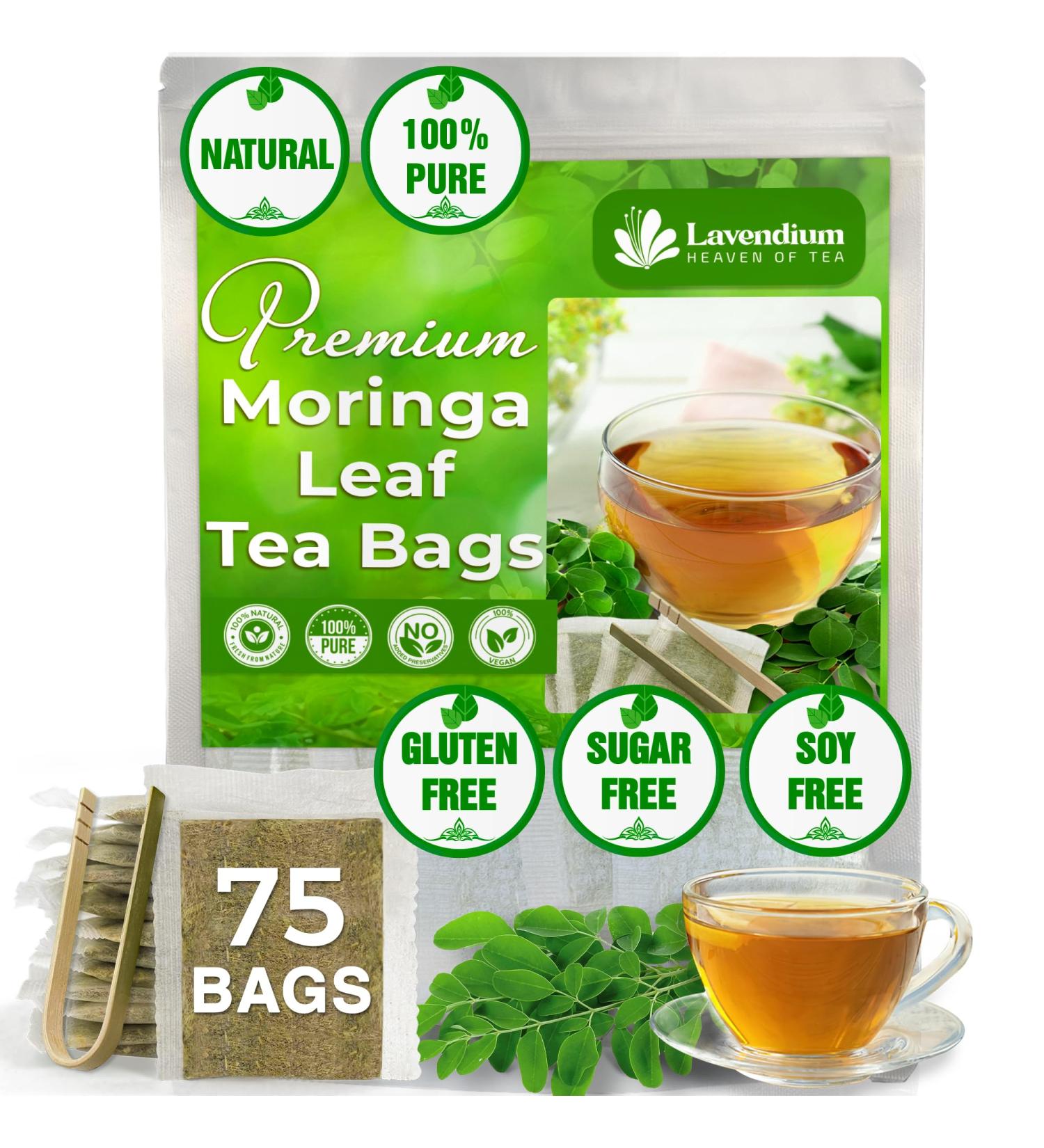 Lavendium Premium 75 Moringa Leaf Tea Bags 100% Natural and Pure from Moringa Leaves. Made with Eco-Conscious Tea Bags Moringa Leaf Herbal Tea. No Sugar No Caffeine No Gluten Vegan. - Buy Online on GoSupps.com