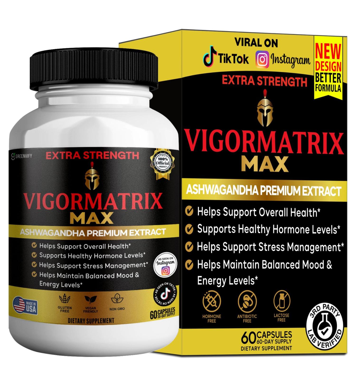 GREENVIFY Vigormatrix Max Ashwagandha Premium Extract 60 Capsules Gluten Free Vegan Non-GMO (1) - Buy Online on GoSupps.com