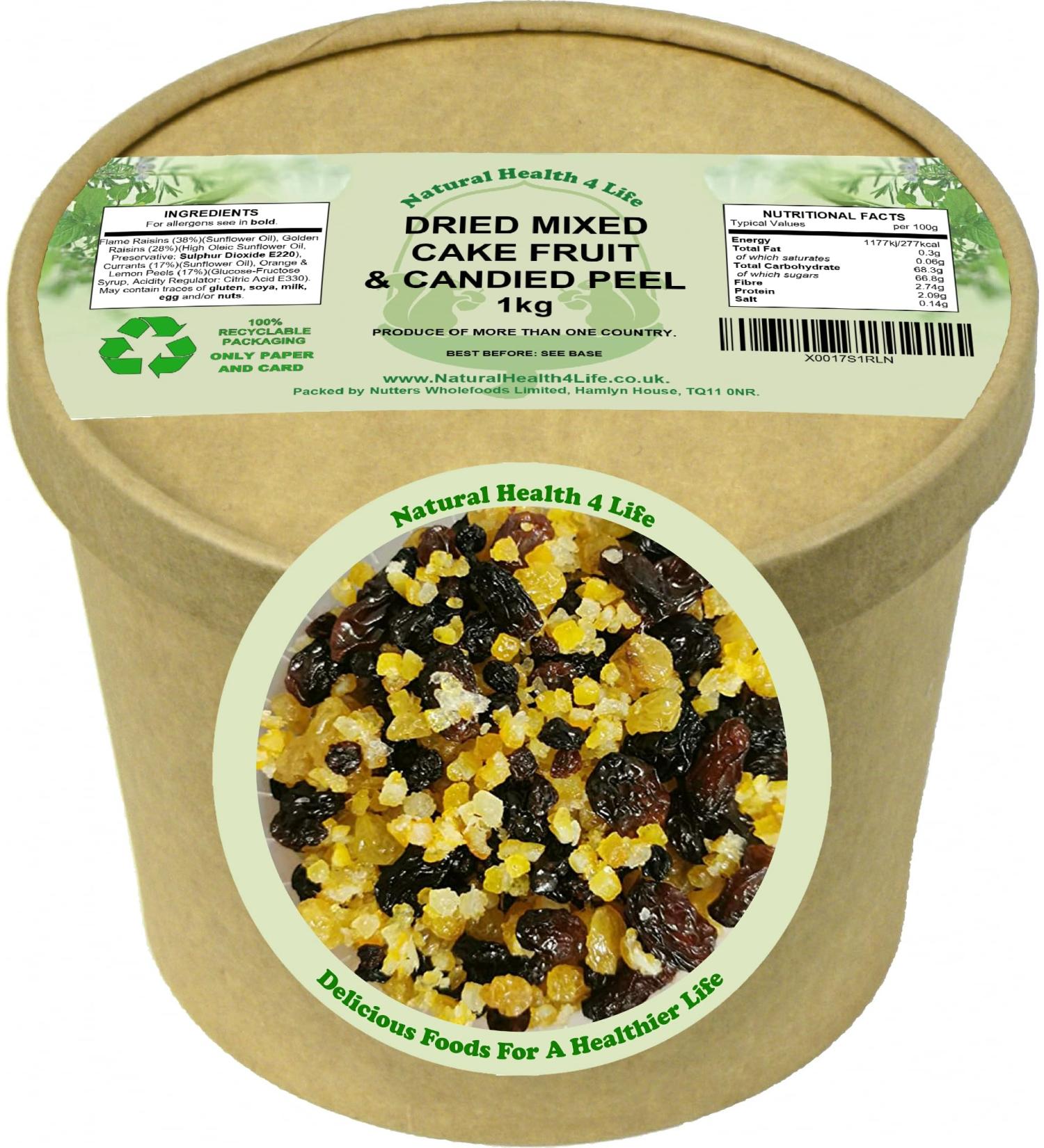 Natural Health 4 Life Cake Baking Ingredients Mixed Fruit (Flame Raisins Golden Raisins Currants) with Candied Mixed (Orange Lemon) Peel 1 kg in Recyclable Tub (1 Tub) - Buy Online on GoSupps.com