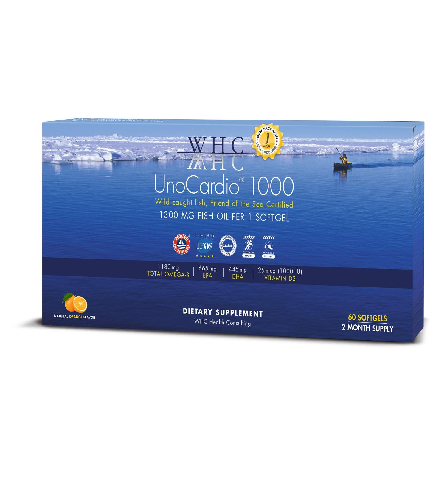 WHC UnoCardio 1000 Fish Oil (60 Softgels) - Pure Triglyceride Omega-3 with EPA, DHA, and Vitamin D3 - Buy Online on GoSupps.com