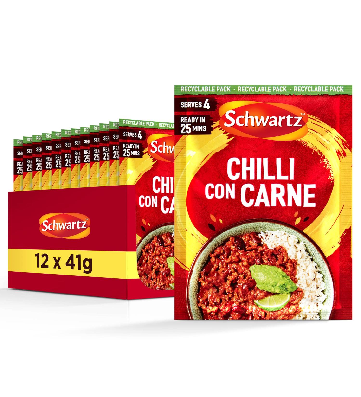 McCormick Schwartz Chilli Con Carne Recipe Mix 41 G Serves 4 Pack of 12 Hot and spicy rich Mexican flavor with fiery chillies earthy cumin dried garlic and onion powder - Buy Online on GoSupps.com